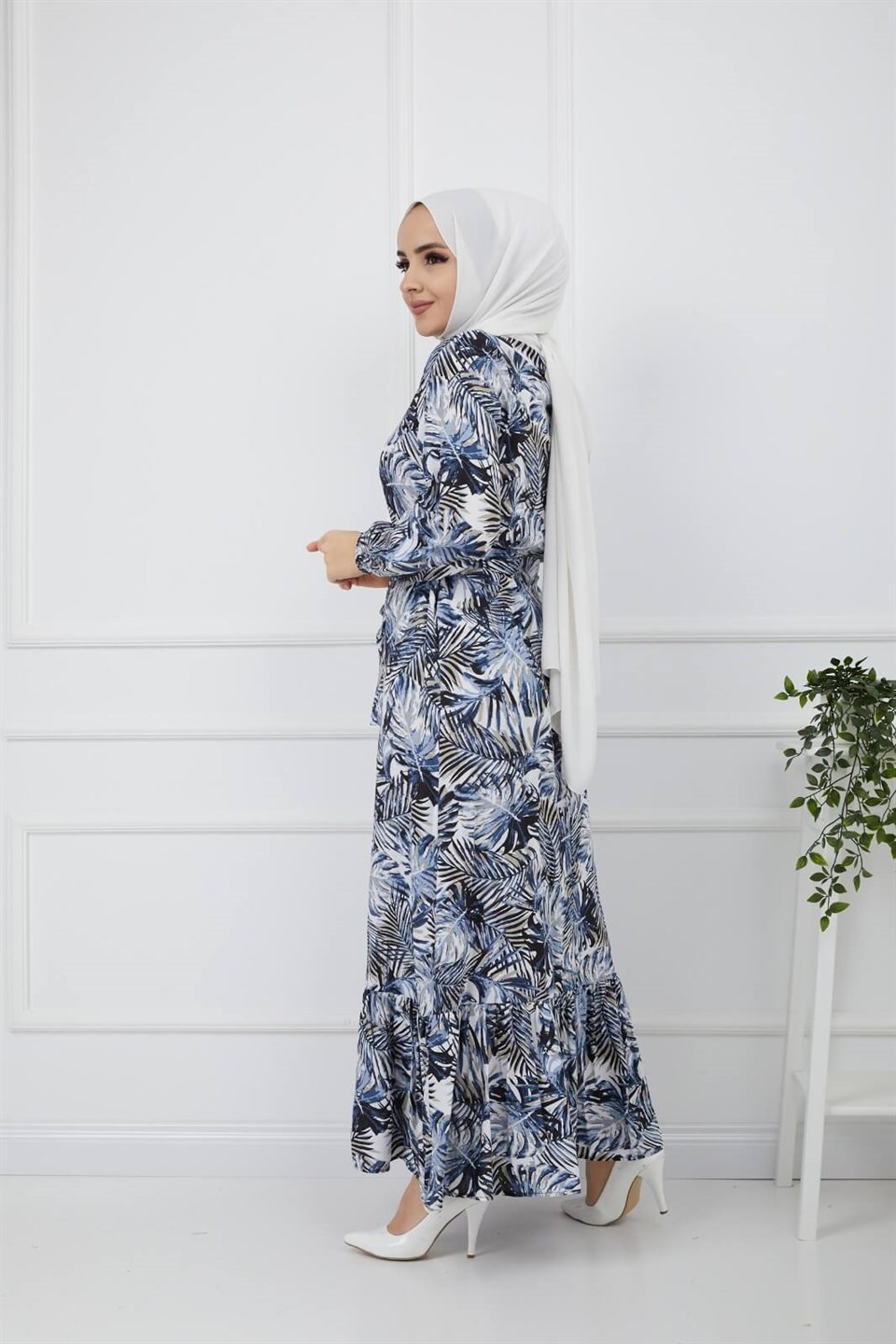 Yaprak Desen Kuşaklı Tesettür Elbise 10265 Mavi