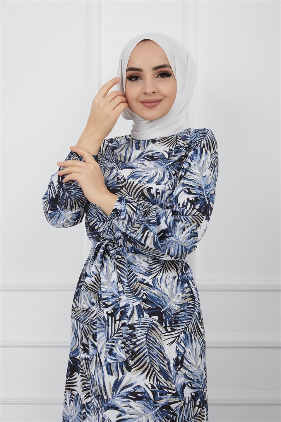 Yaprak Desen Kuşaklı Tesettür Elbise 10265 Mavi