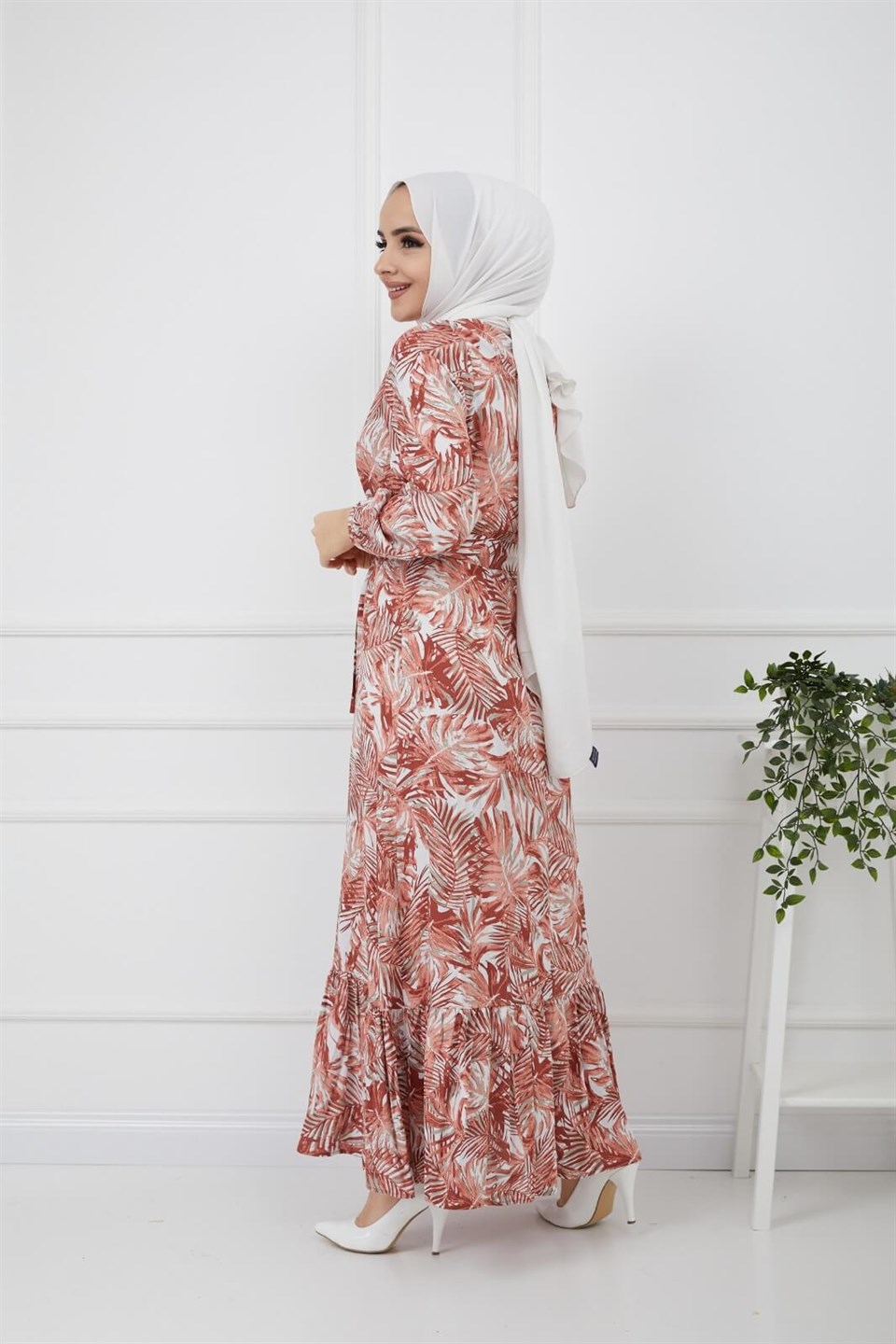 Yaprak Desen Kuşaklı Tesettür Elbise 10265 Kiremit