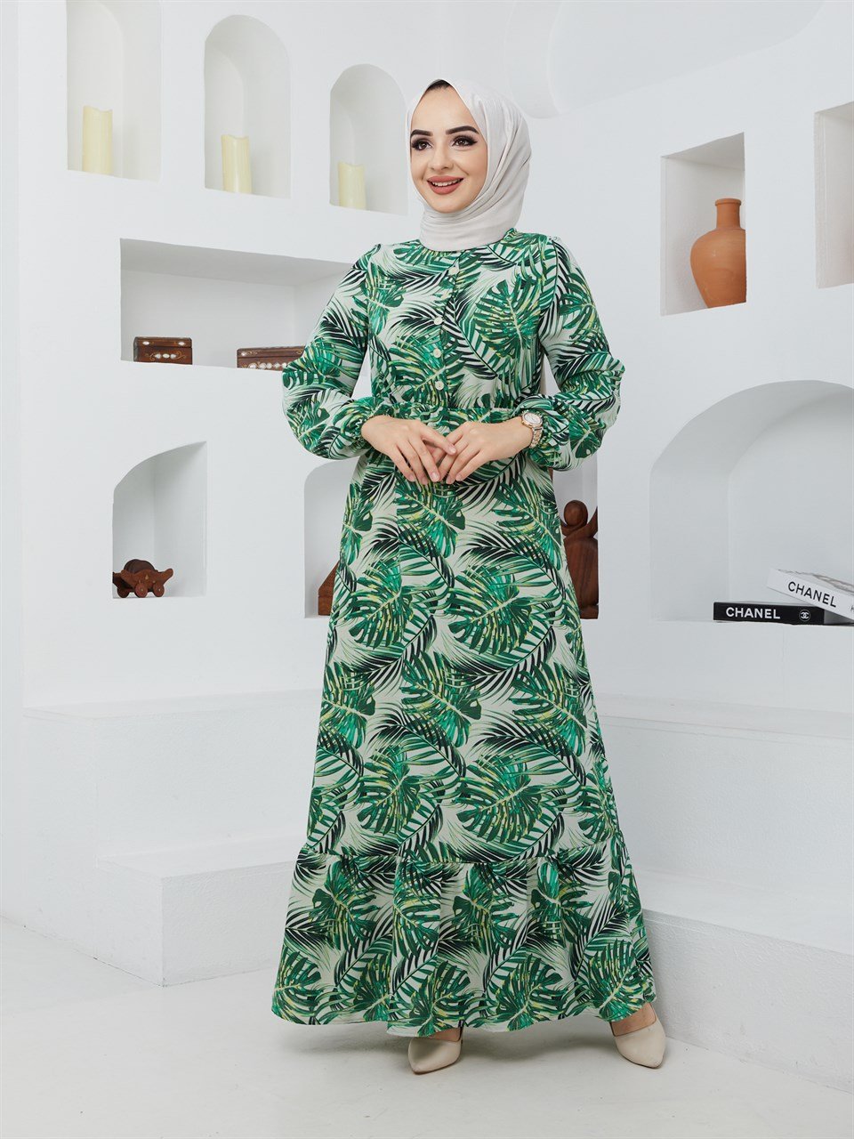 Yaprak Desenli Tesettür Elbise BLB 8800-64 Yeşil