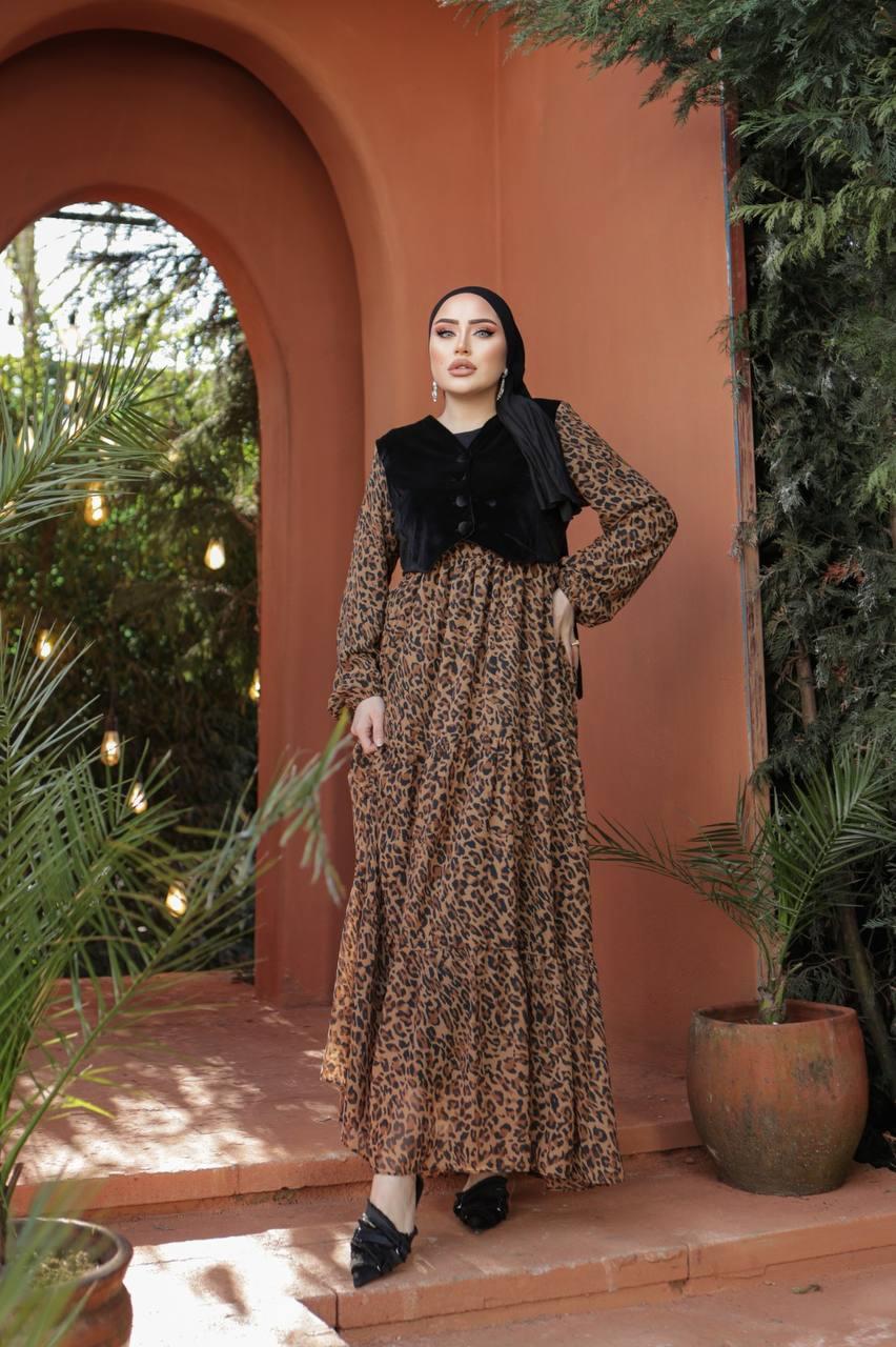 Yelekli Şifon Tesettür Elbise 2255 Leopar