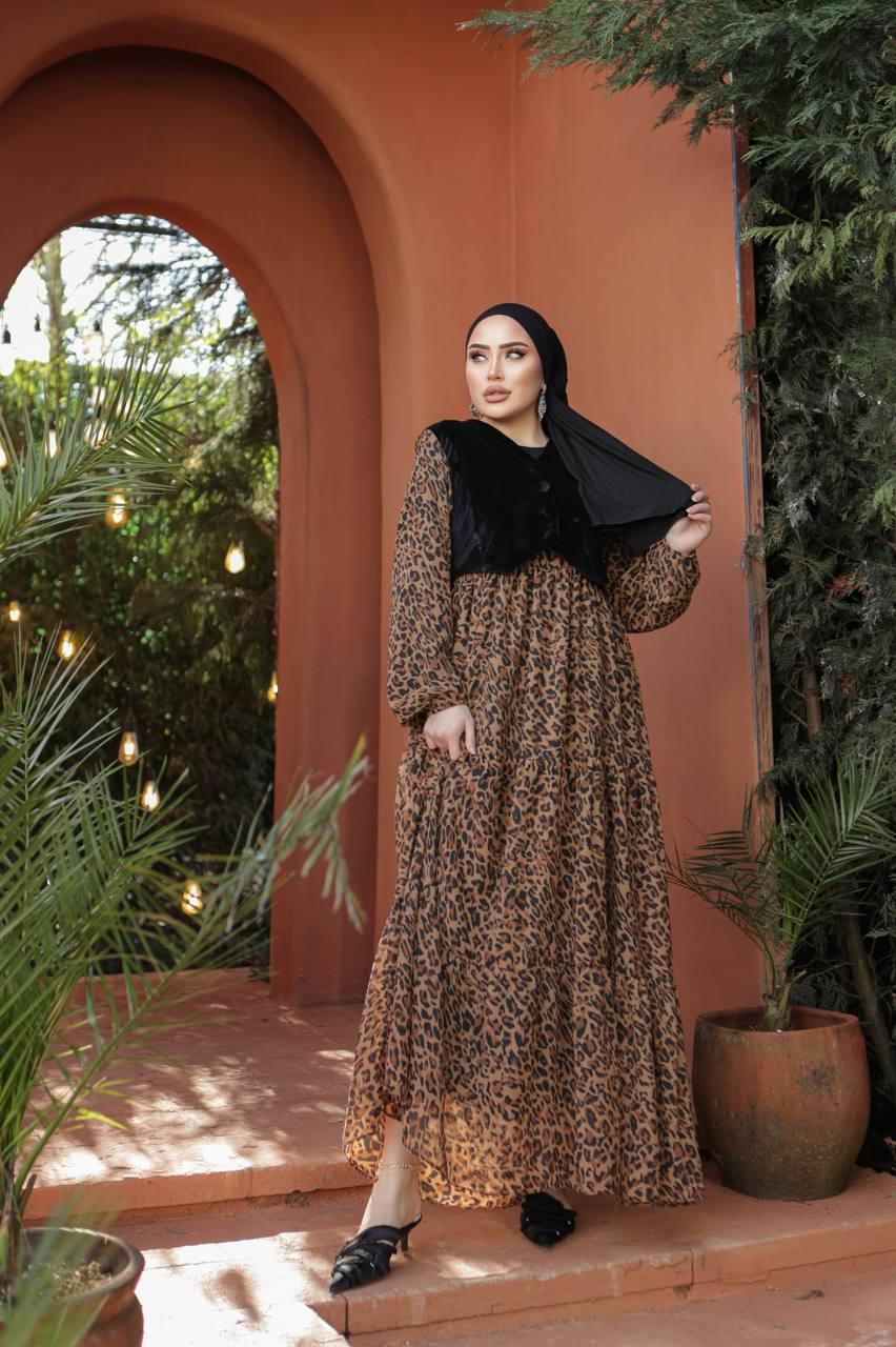 Yelekli Şifon Tesettür Elbise 2255 Leopar