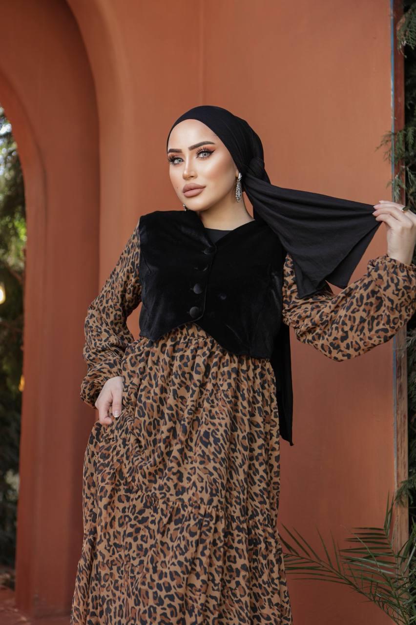 Yelekli Şifon Tesettür Elbise 2255 Leopar