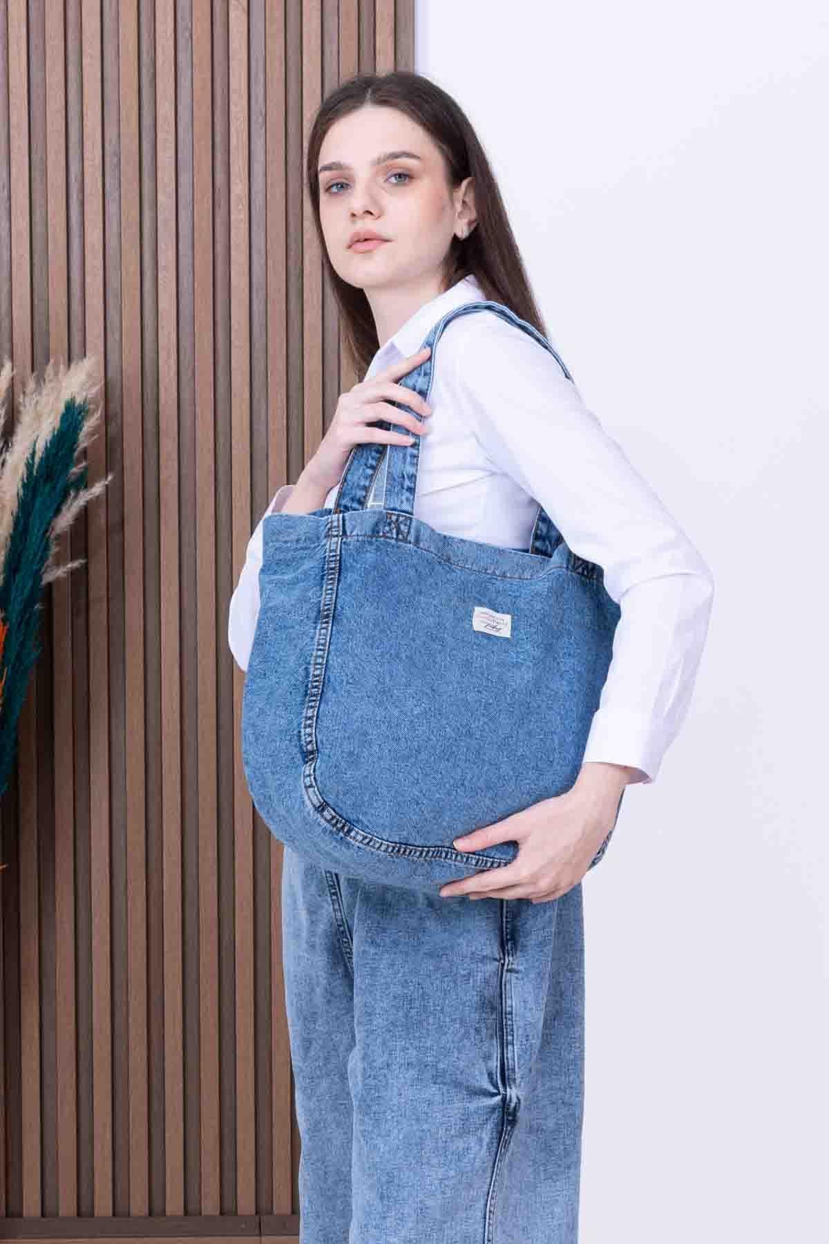 Yıkamalı Gerçek Kot Denim Omuz Çantası 2267 Kot Mavisi