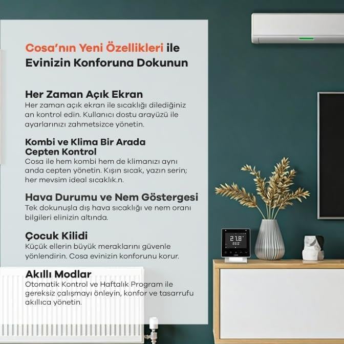 Cosa Akıllı Oda Termostatı Kablosuz Kombi ve Klima Kontrolü v5 - Beyaz
