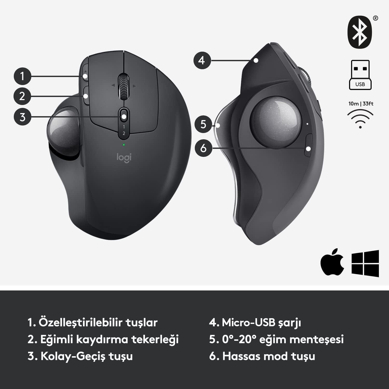 Logitech MX Ergo Kablosuz Konforlu Trackball Mouse - Siyah