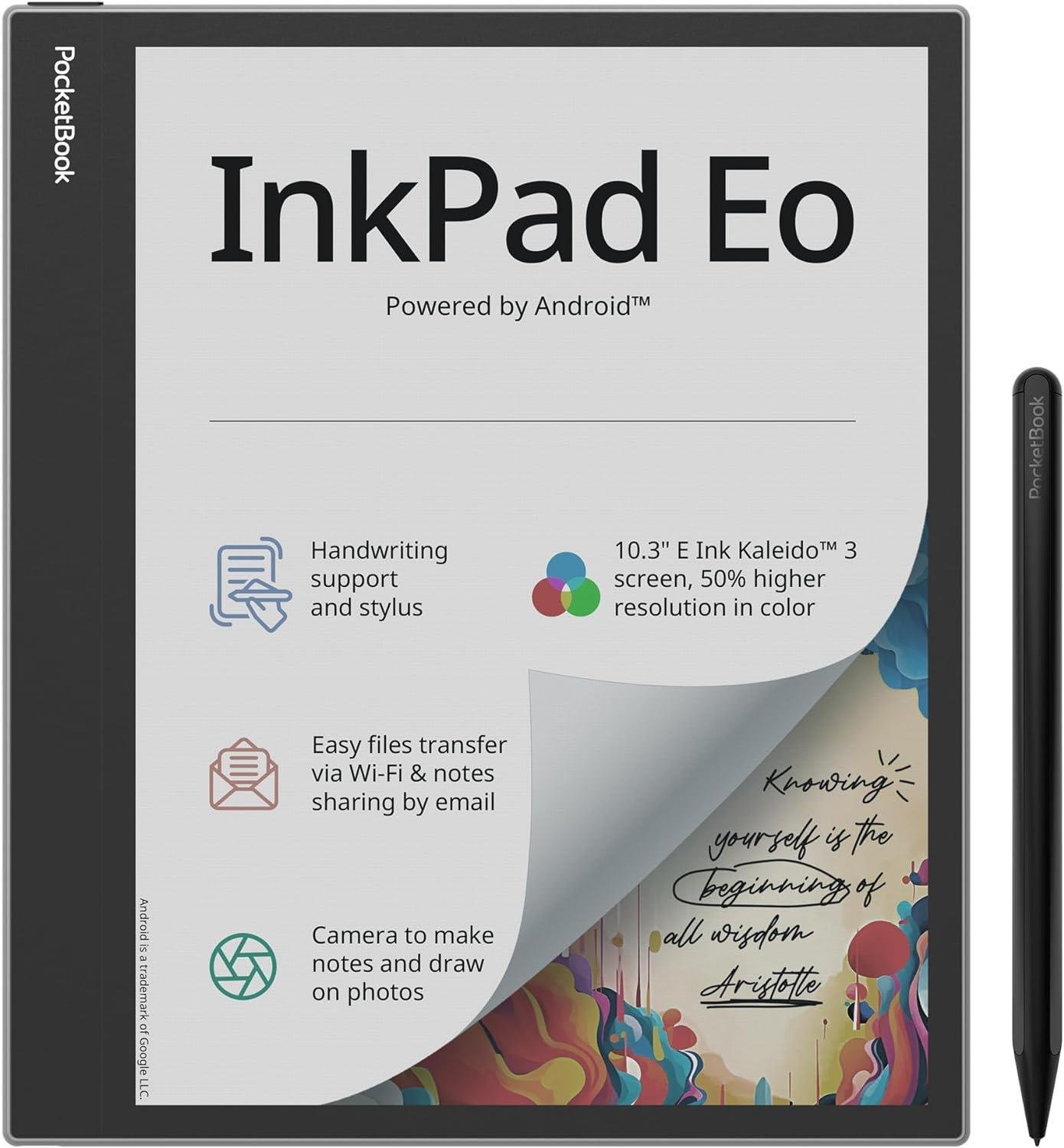 PocketBook InkPad Eo | 10,3” Renkli E Ink Kaleido 3 Ekran | El yazısı ve Kalem | Android 11 | Fotoğraflar Üzerine Notlar İçin Kamera | Dahili Hoparlör | Sesli Kitaplar | Ayarlanabilir Akıllı Işık | Mist Grey