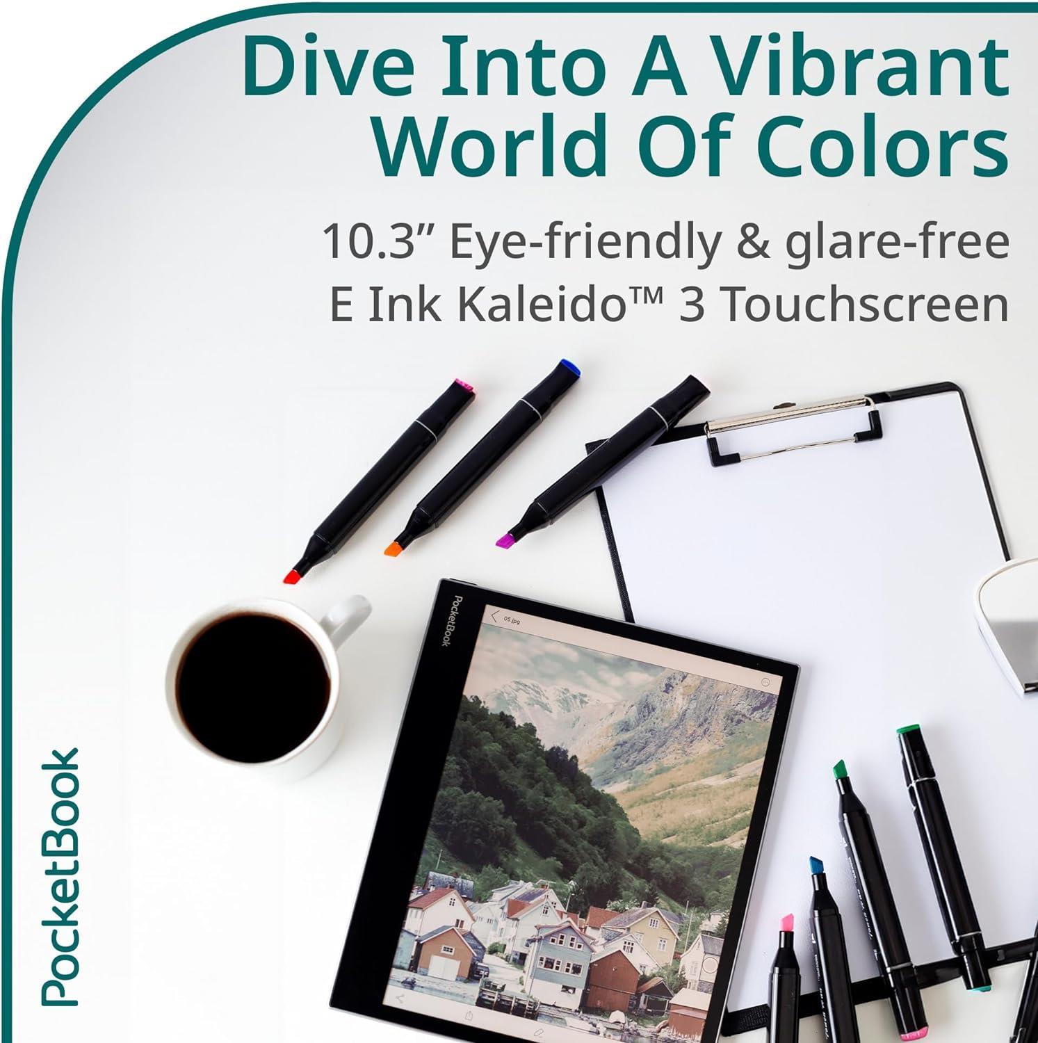 PocketBook InkPad Eo | 10,3” Renkli E Ink Kaleido 3 Ekran | El yazısı ve Kalem | Android 11 | Fotoğraflar Üzerine Notlar İçin Kamera | Dahili Hoparlör | Sesli Kitaplar | Ayarlanabilir Akıllı Işık | Mist Grey