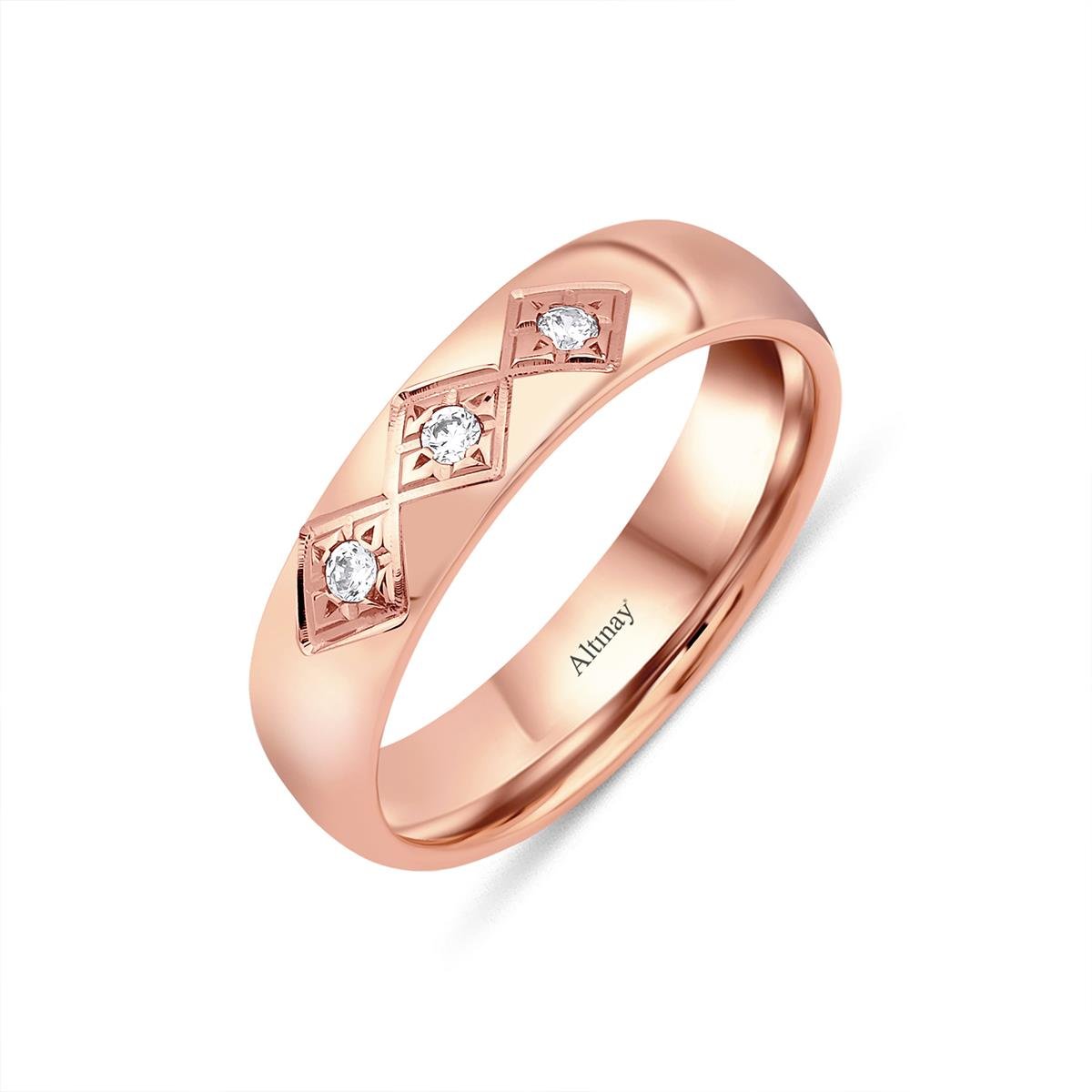 TAŞLI ALYANS14 Ayar 5 mm Taşlı Bombeli Kadın Altın Alyans Yüzük