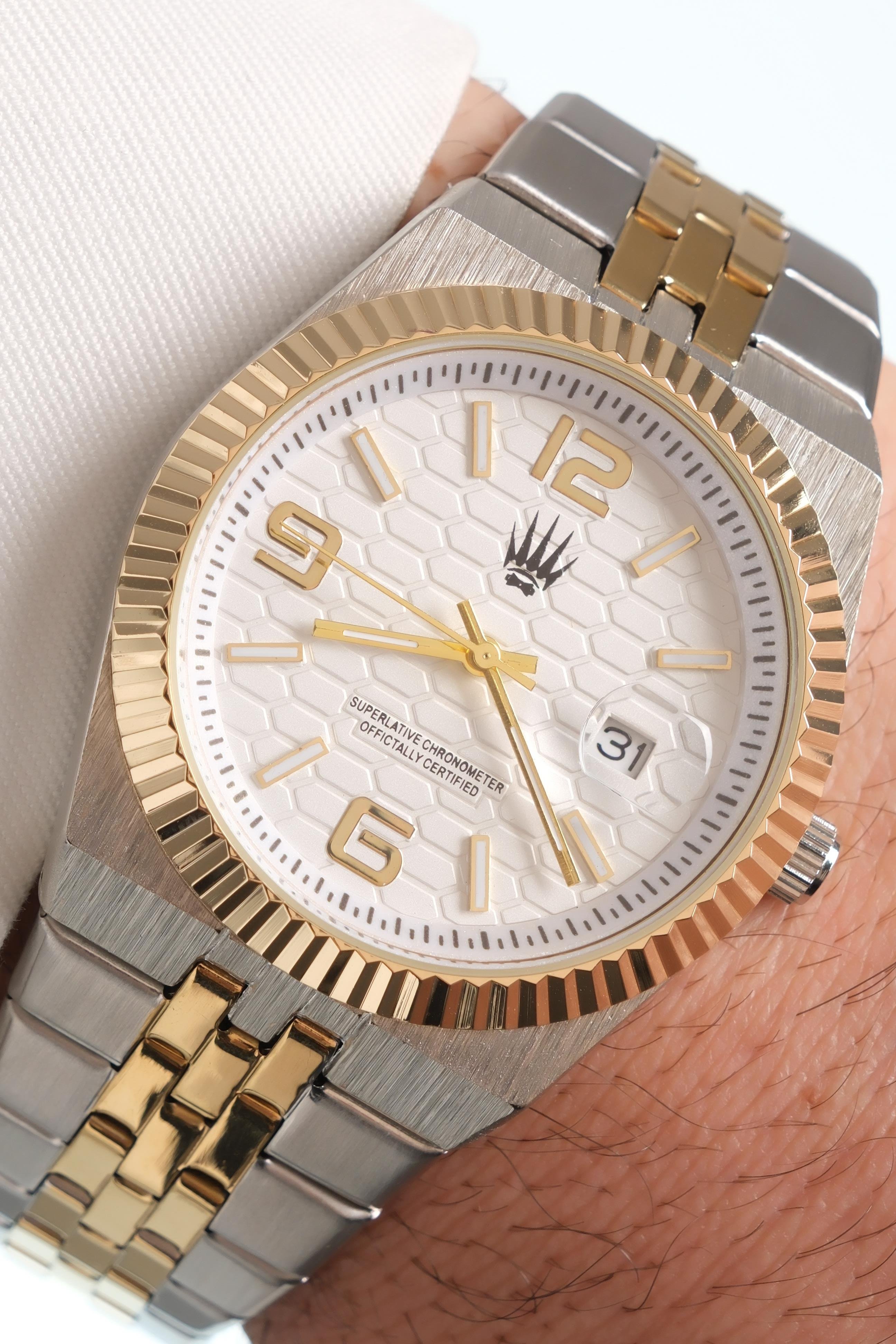 Hexora Prime Silver Gold White Çelik Kol SaatiWatchesWATCHOFROYALHexora PrimeHexora Prime Silver Gold White Çelik Kol Saati