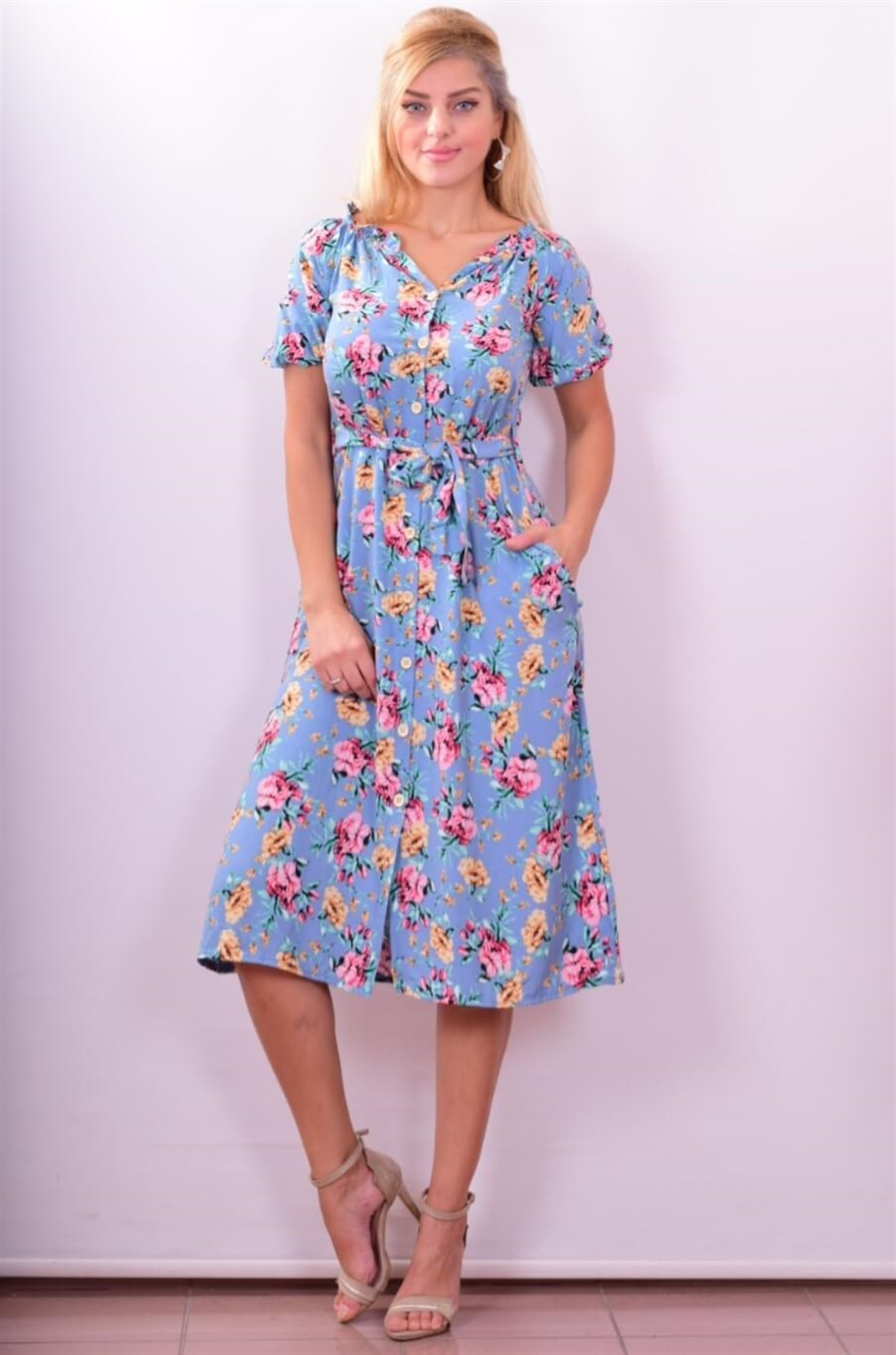 3220 Çiçekli Midi Elbise