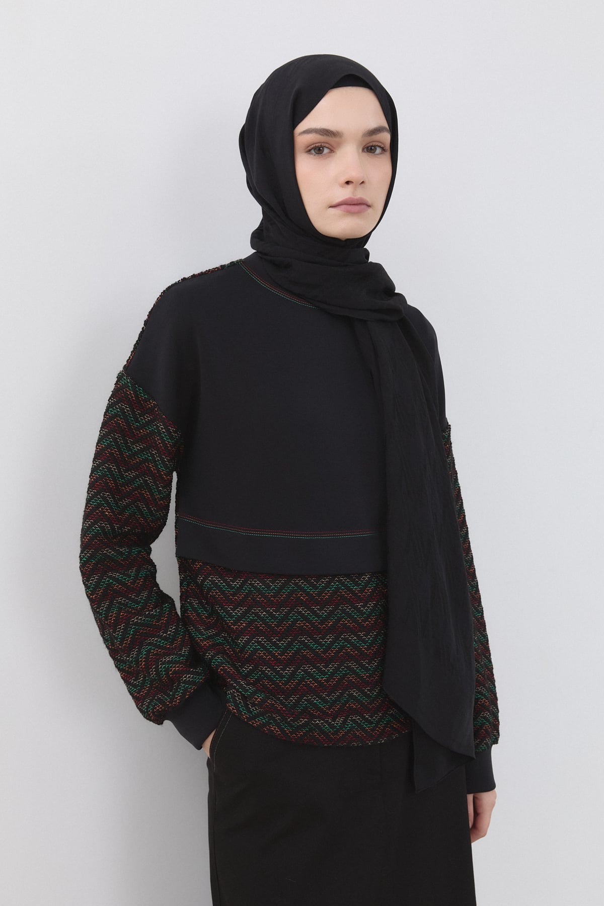 Aller Detaylı Örme Sweat  Siyah