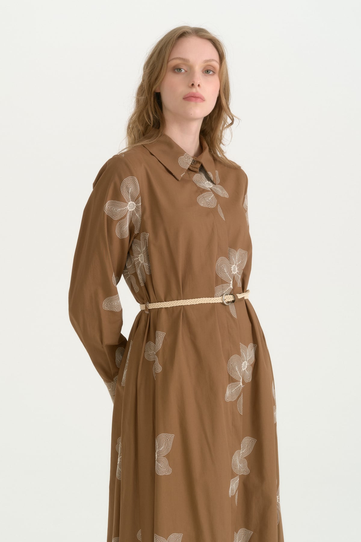 Beli Kordon Kemerli Pamuk Elbise  Camel