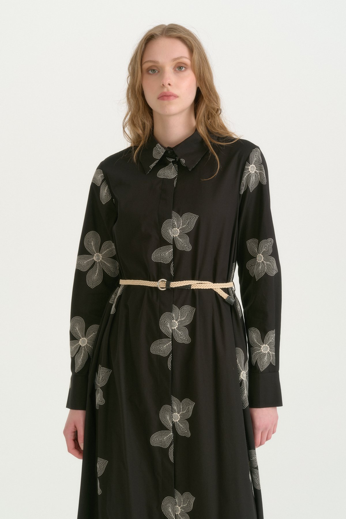 Beli Kordon Kemerli Pamuk Elbise  Siyah