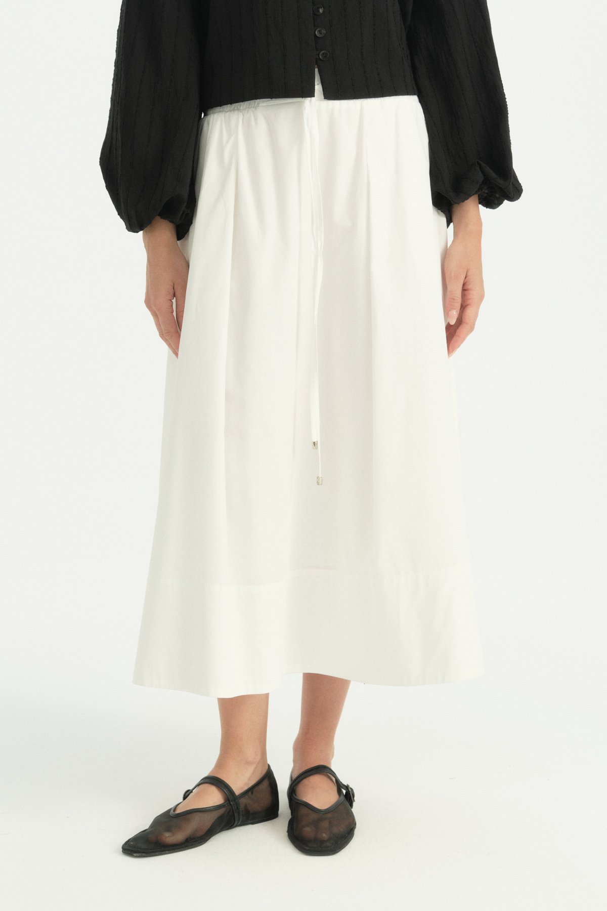 Beli Lastikli Bağcıklı Cotton Etek  Ekru