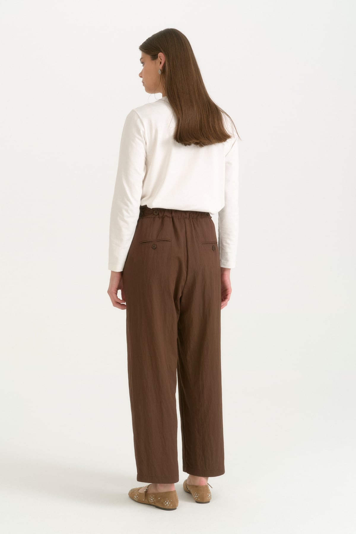 Beli Lastikli Düğme Detaylı Rayon Pantolon  Kahve