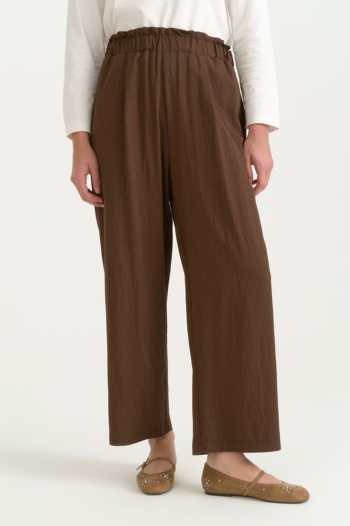 Beli Lastikli Düğme Detaylı Rayon Pantolon  Kahve