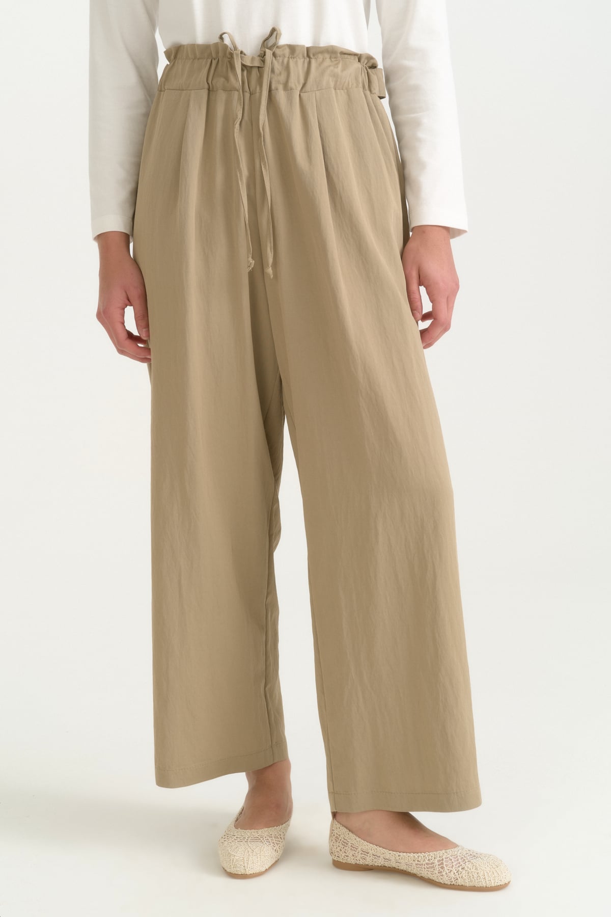 Beli Lastikli Düğme Detaylı Rayon Pantolon  Kekik