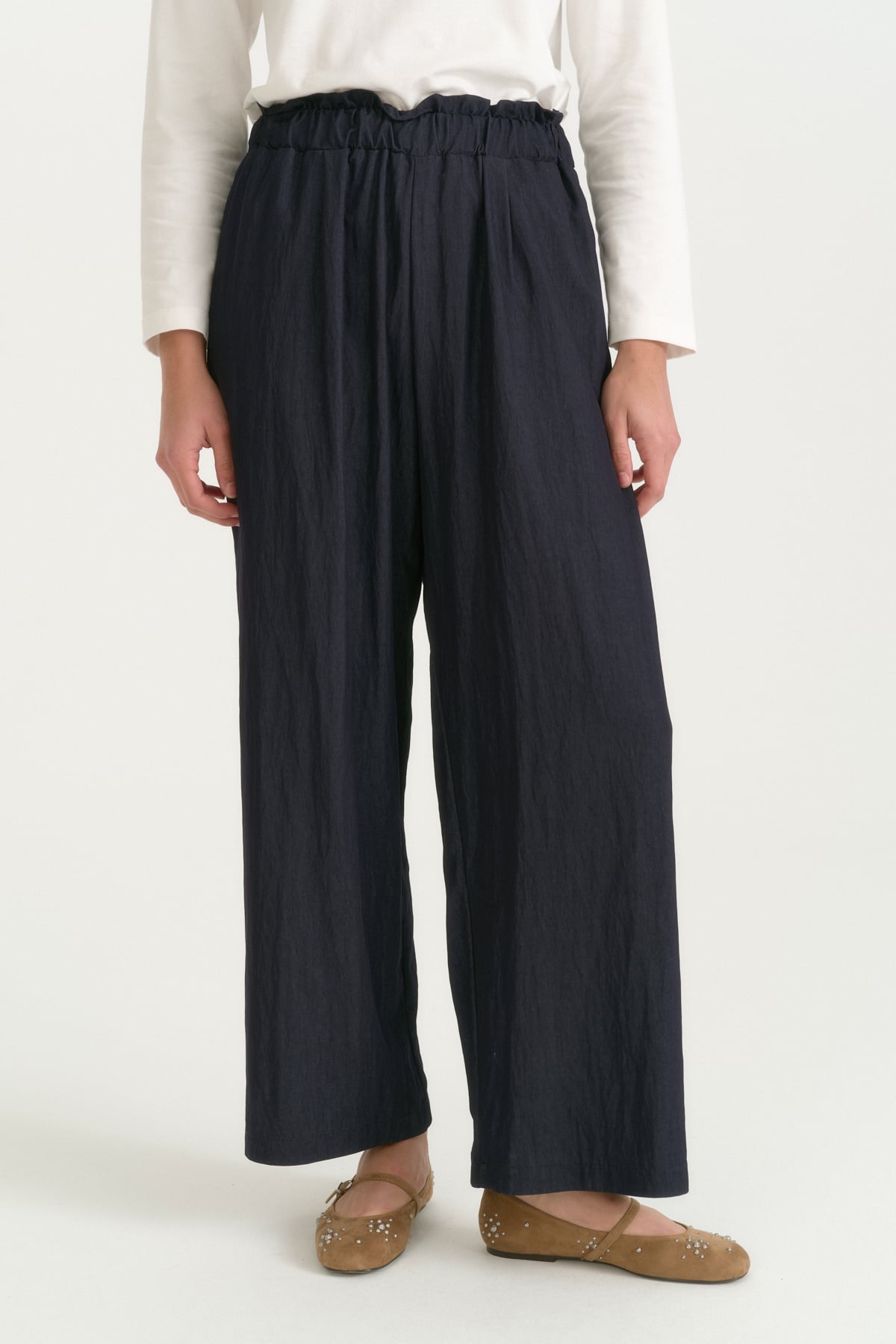 Beli Lastikli Düğme Detaylı Rayon Pantolon  İndigo