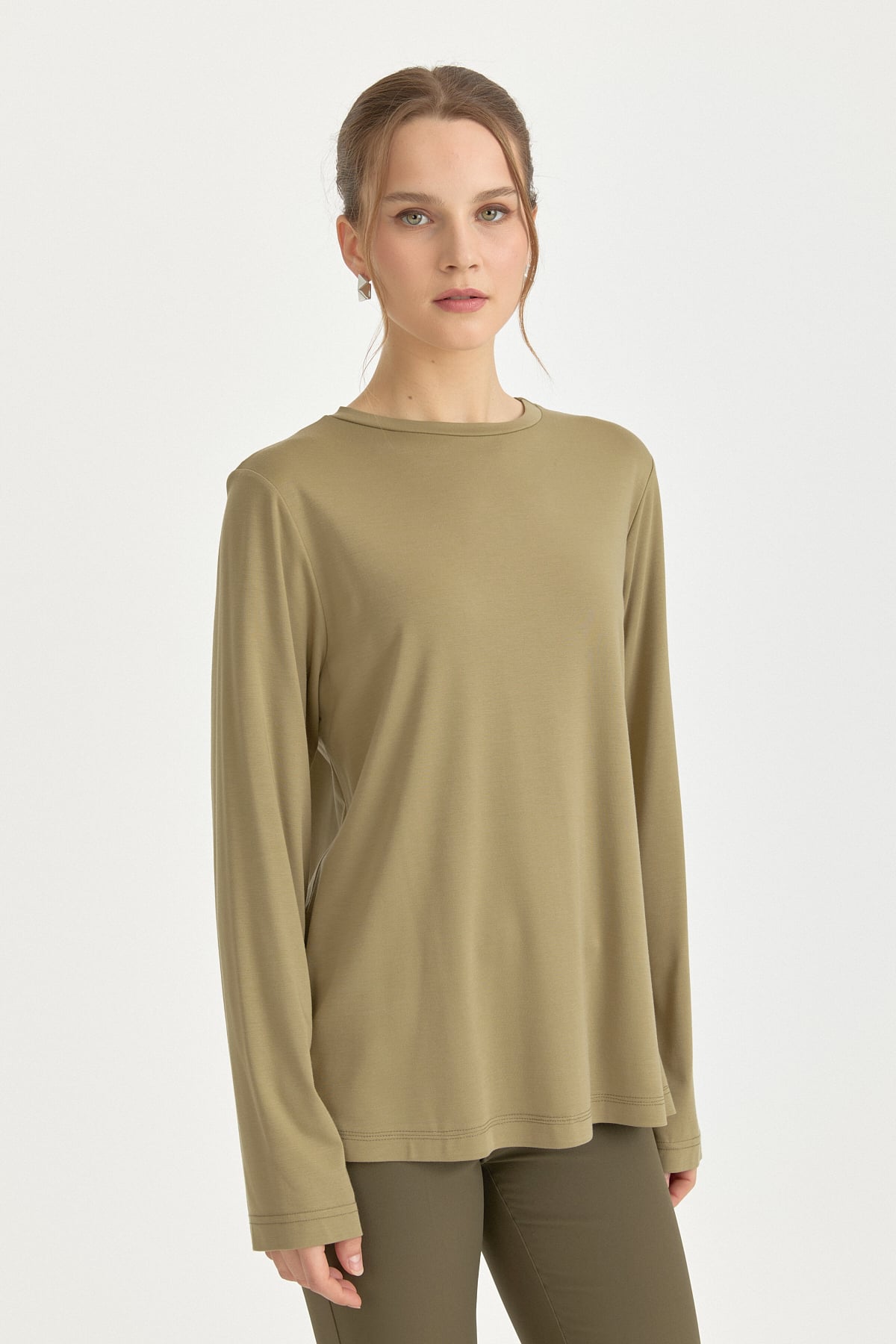 Büyük Beden Basic Örme Bluz  Haki