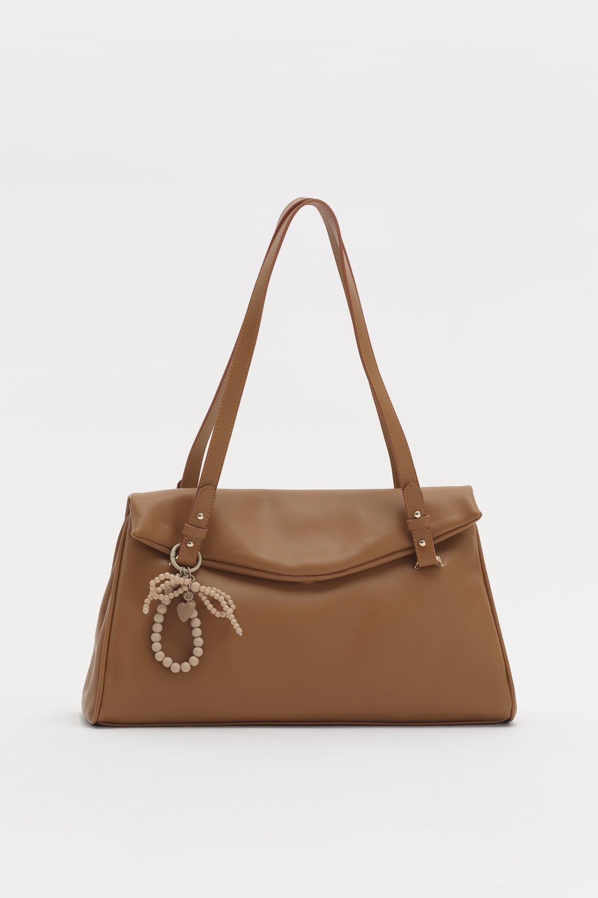 Çift Saplı Charm Detaylı Shopper Çanta  Taba