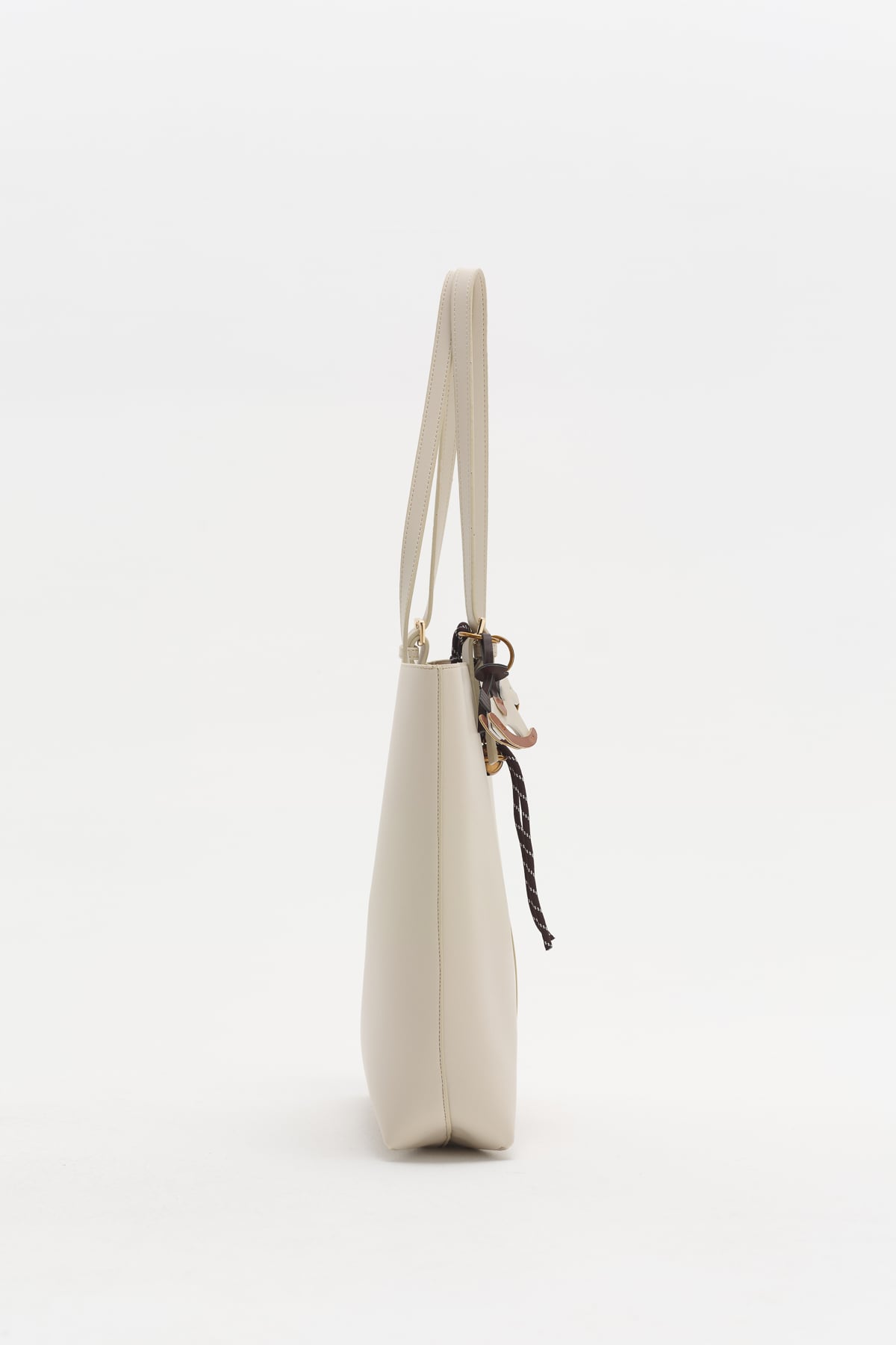 Çift Saplı Charm Detaylı Shopper Çanta  Bej