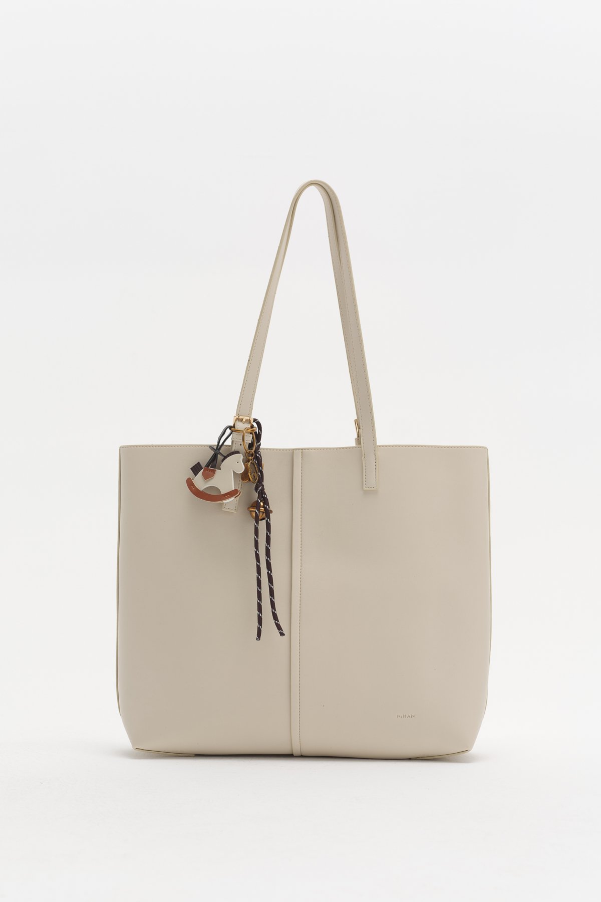 Çift Saplı Charm Detaylı Shopper Çanta  Bej