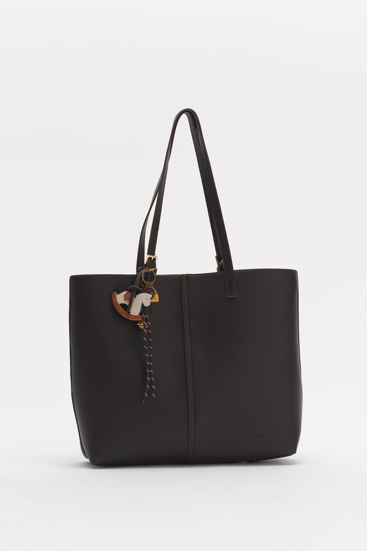 Çift Saplı Charm Detaylı Shopper Çanta  Kahve