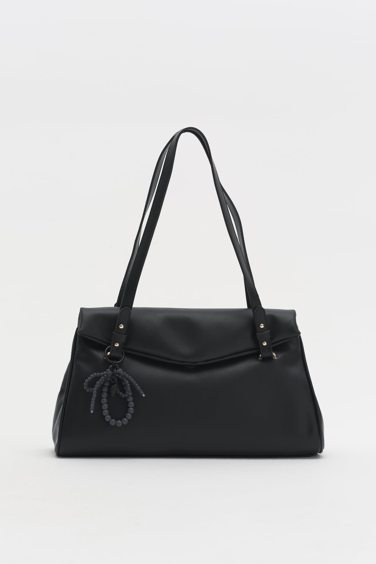 Çift Saplı Charm Detaylı Shopper Çanta  Siyah