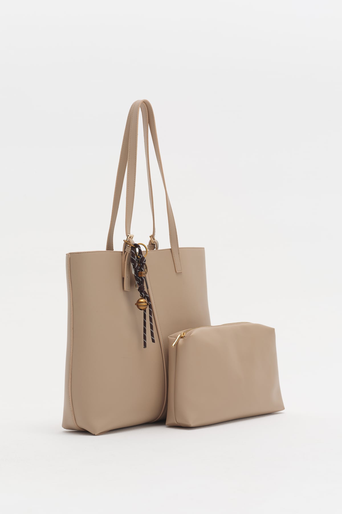 Çift Saplı Charm Detaylı Shopper Çanta  Toprak