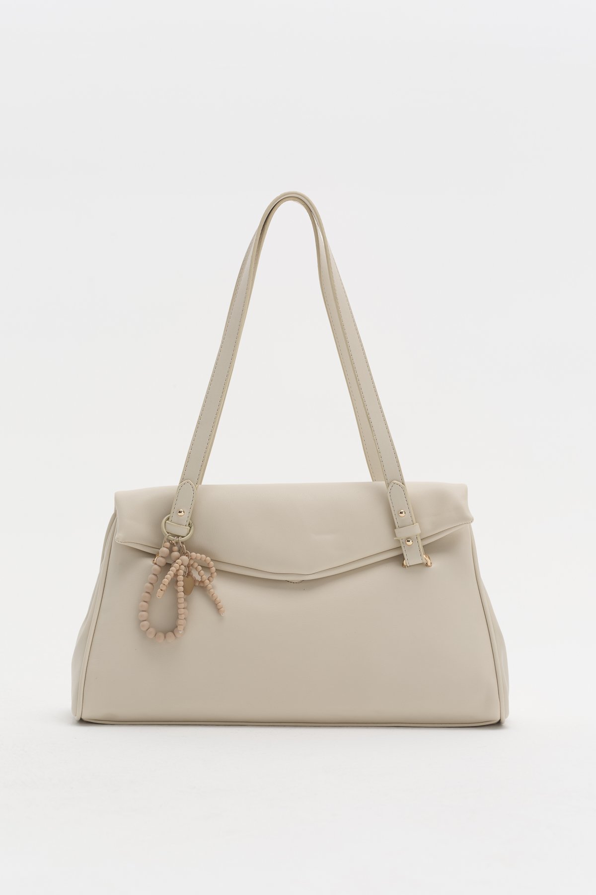 Çift Saplı Charm Detaylı Shopper Çanta  Bej