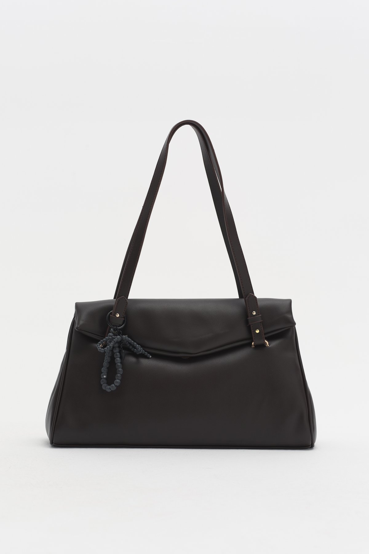 Çift Saplı Charm Detaylı Shopper Çanta  Kahve