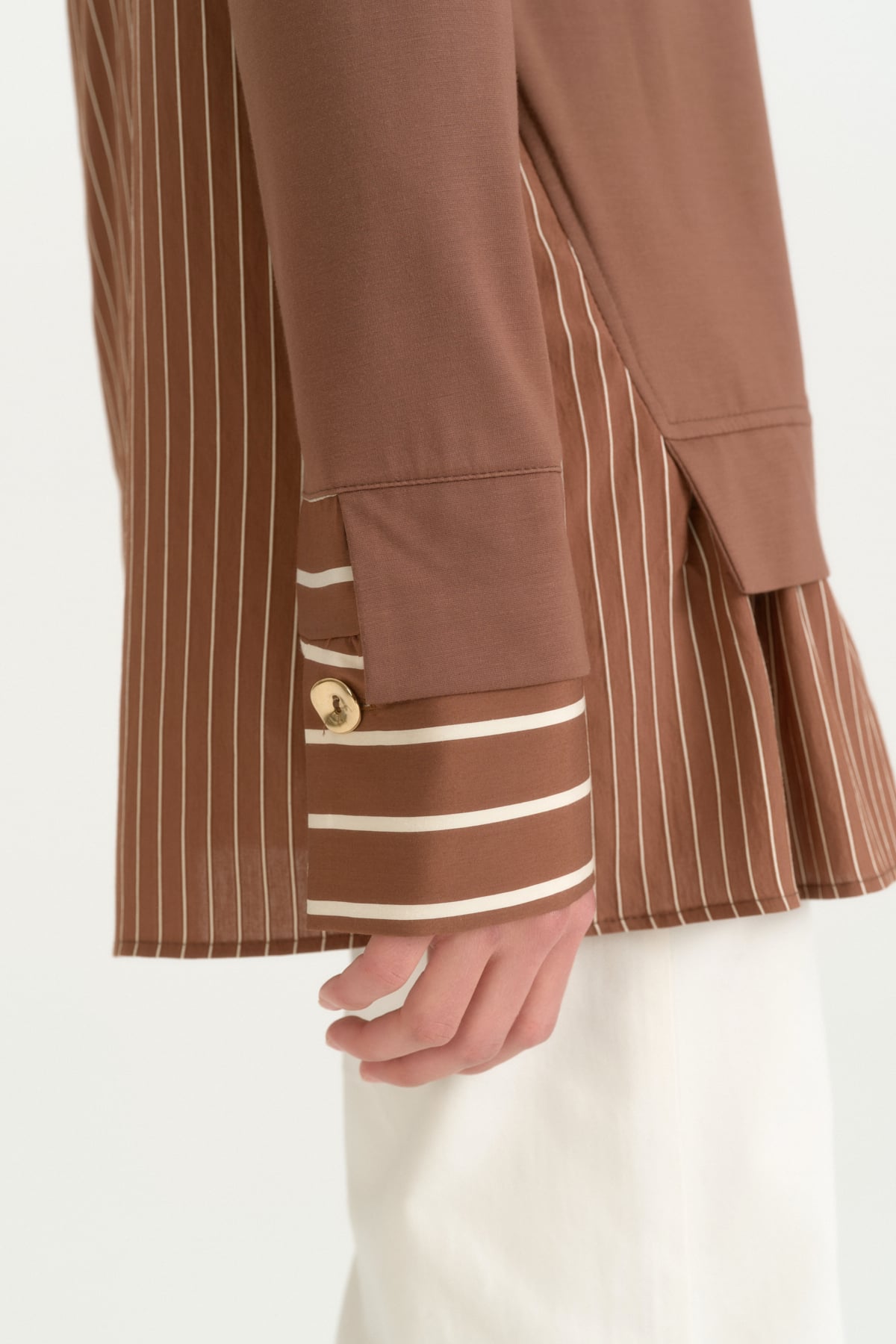 Çizgi Kumaş Kombinli Örme Rayon Karışımlı Tunik  Kahve