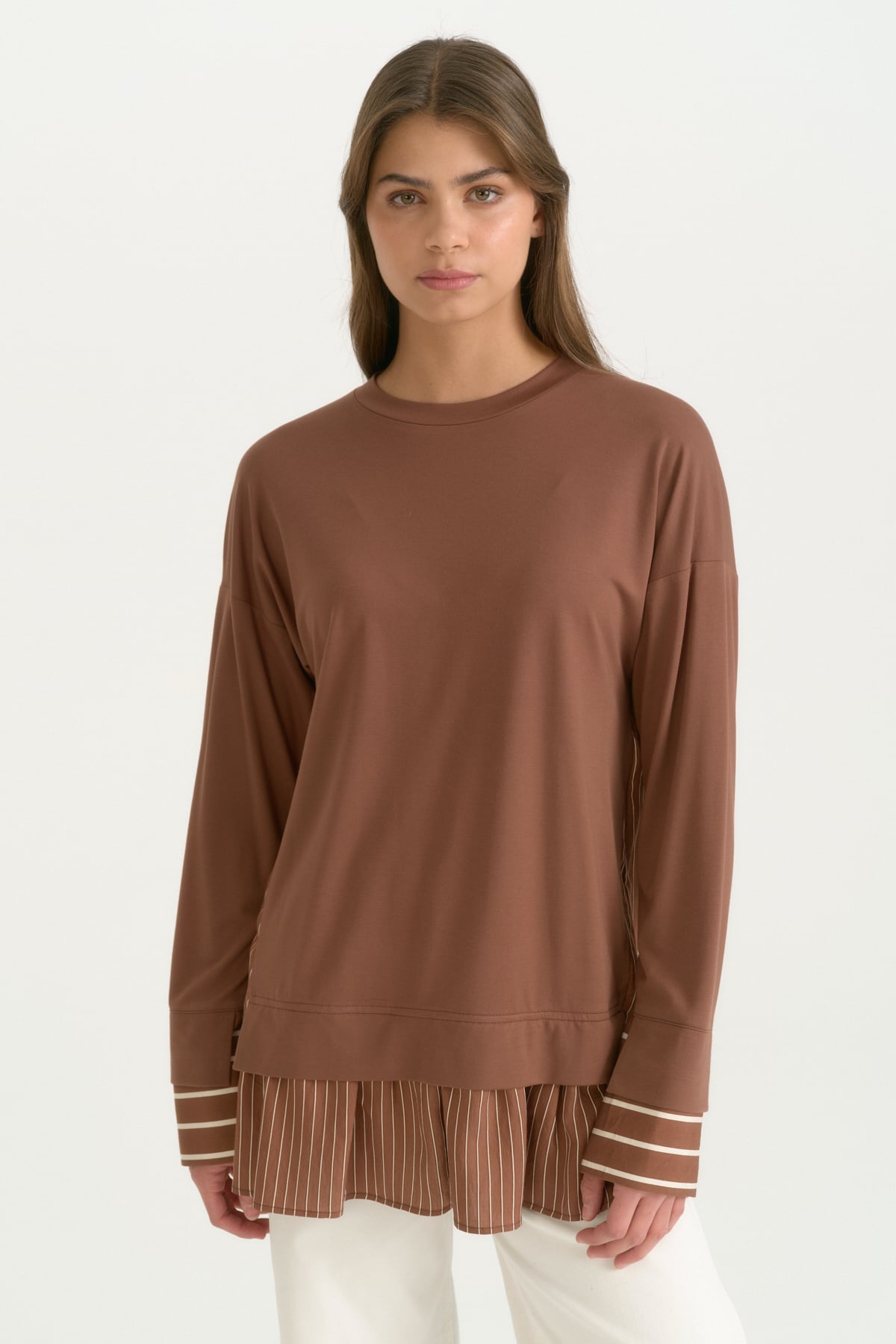 Çizgi Kumaş Kombinli Örme Rayon Karışımlı Tunik  Kahve