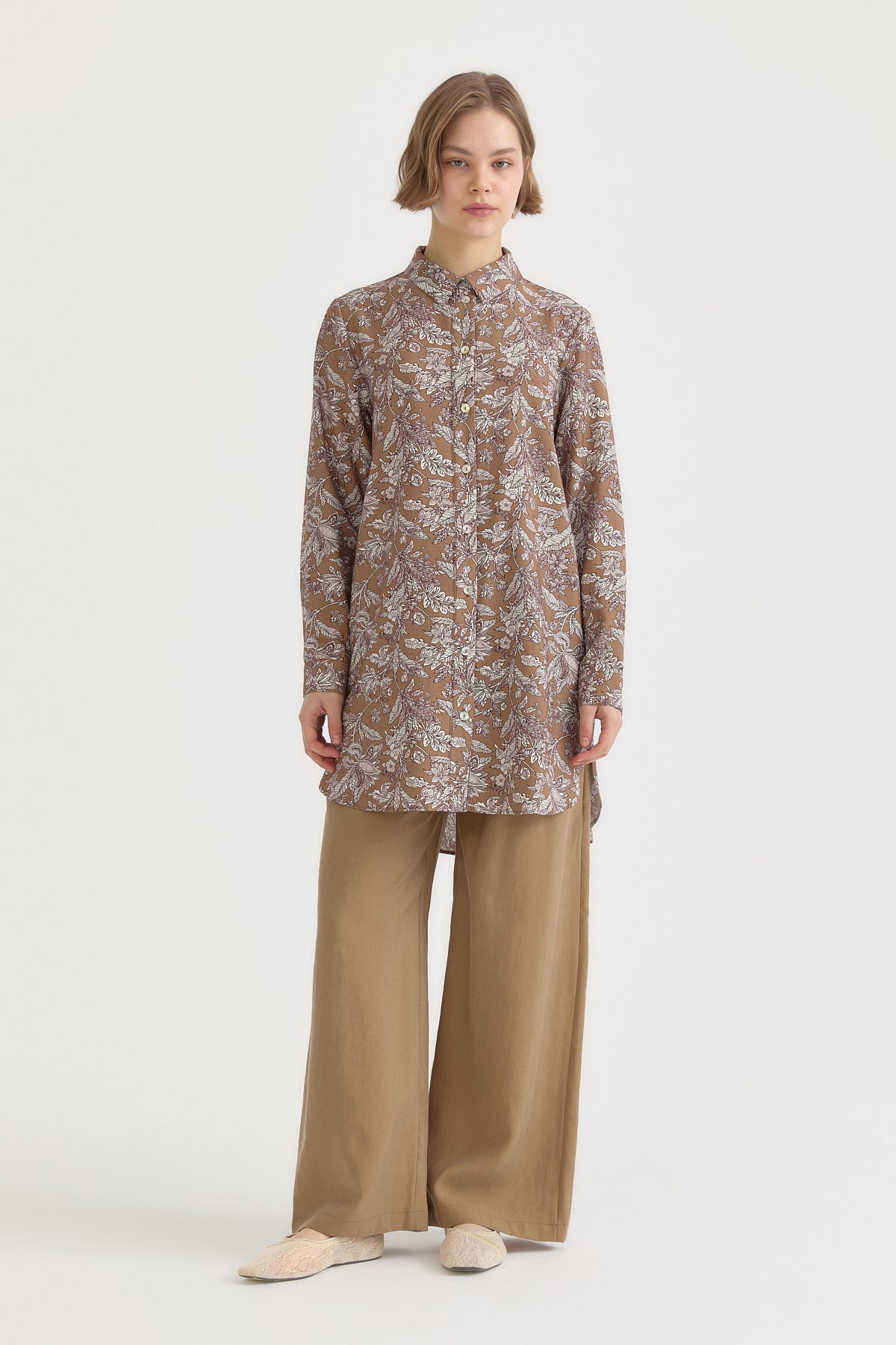 Desenli Basic Lyocell Tunik  Açık Kahve