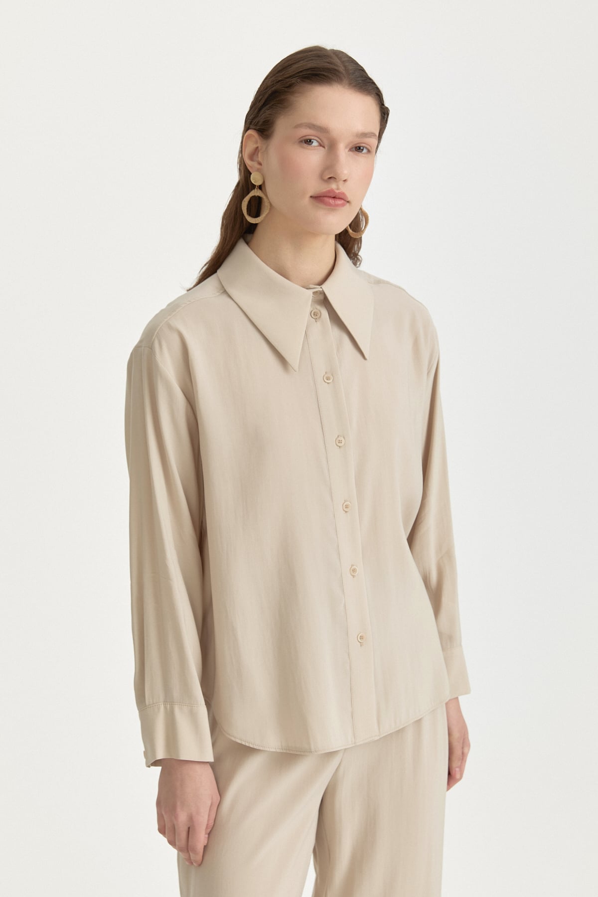 Düşük Kollu Basic Modal Gömlek  Bej