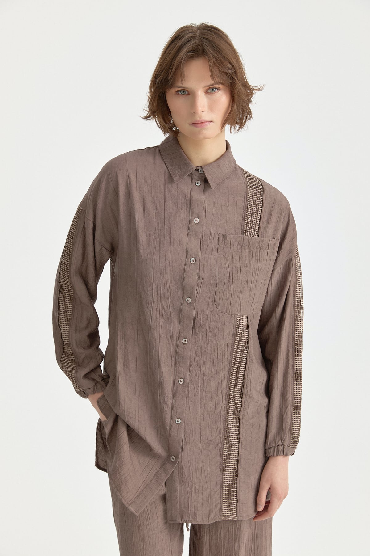 File ve Taş Aksesuar Detaylı Rayon Pantolon Tunik Takım  Kahve