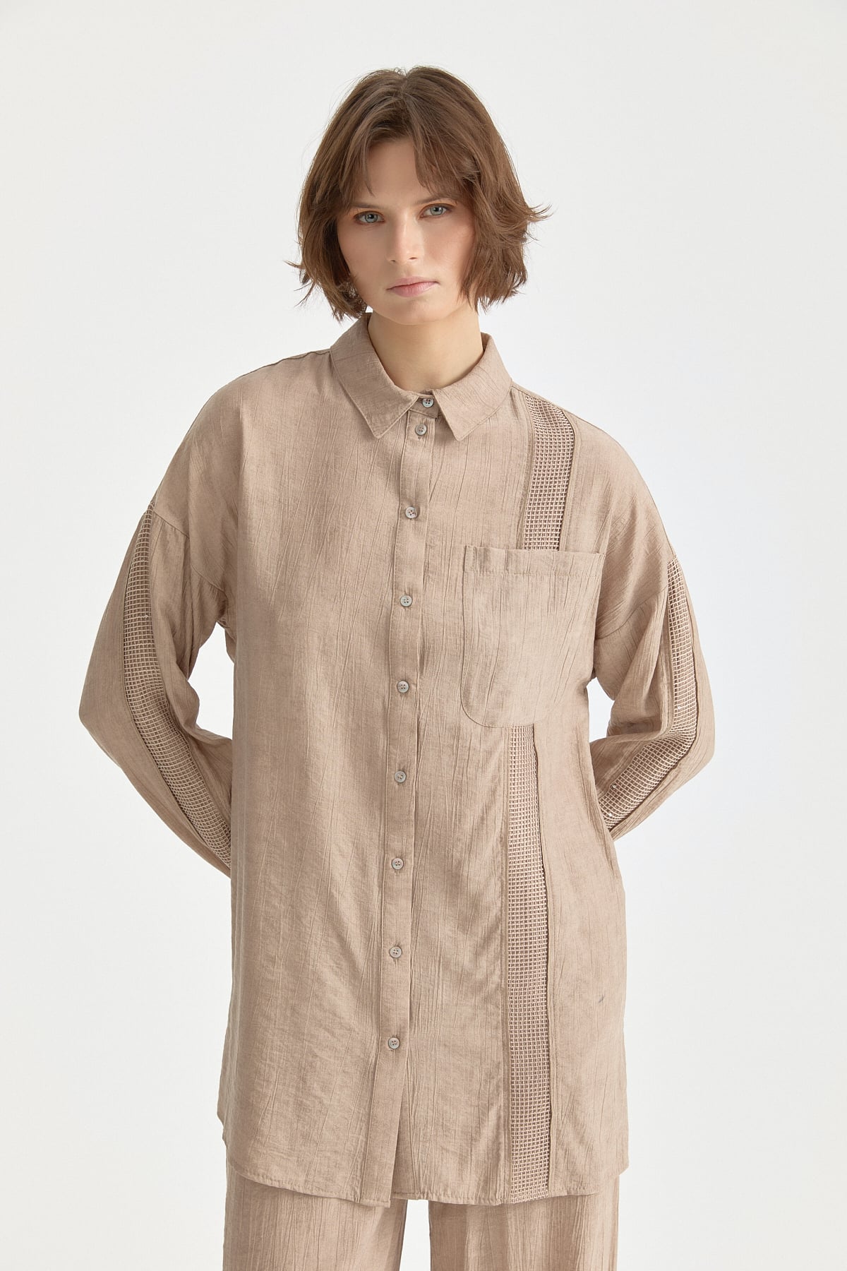 File ve Taş Aksesuar Detaylı Rayon Pantolon Tunik Takım  Bej