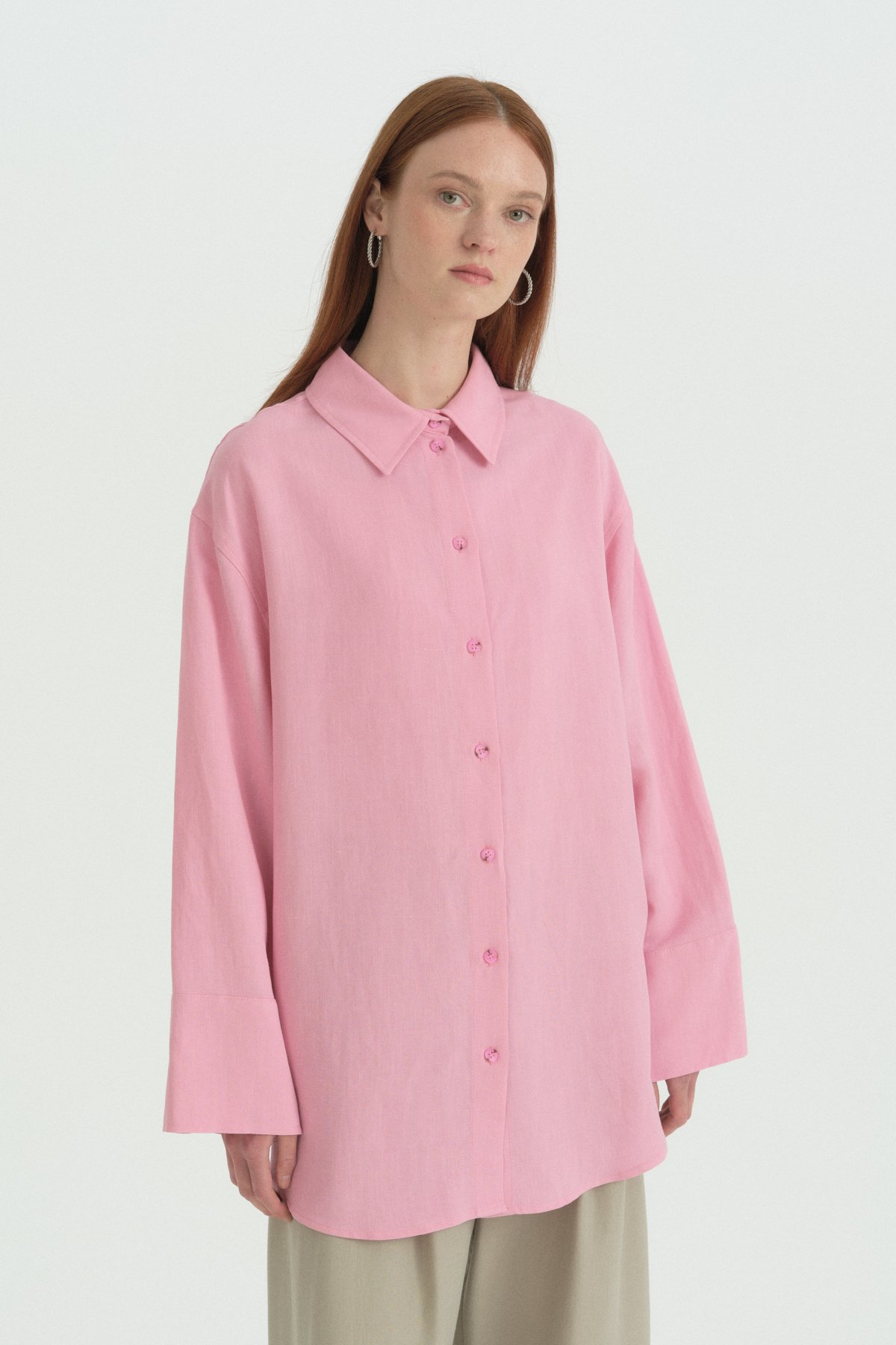 Geniş Manşetli Keten Tunik  Pembe