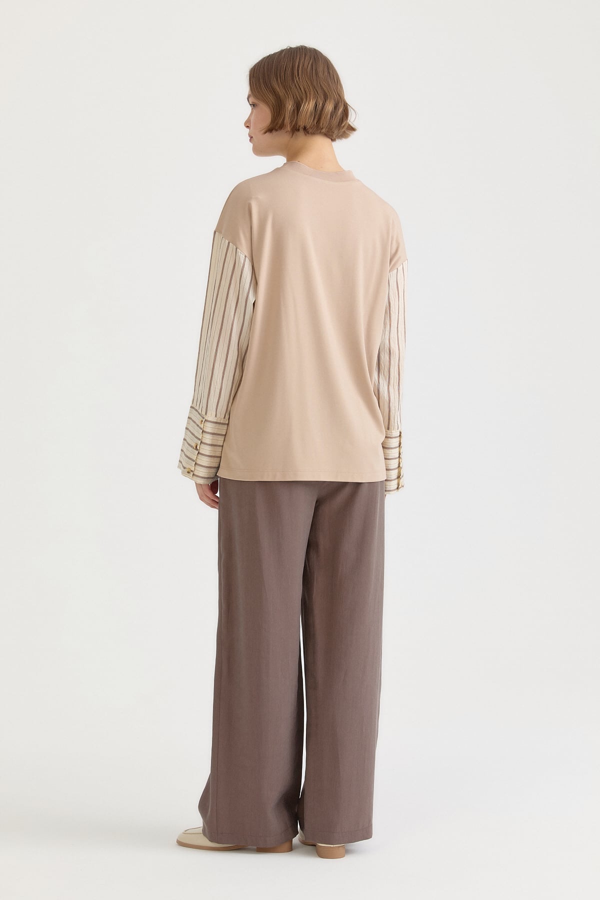 Geniş Manşetli Ribanalı Örme Rayon Sweat  Bej