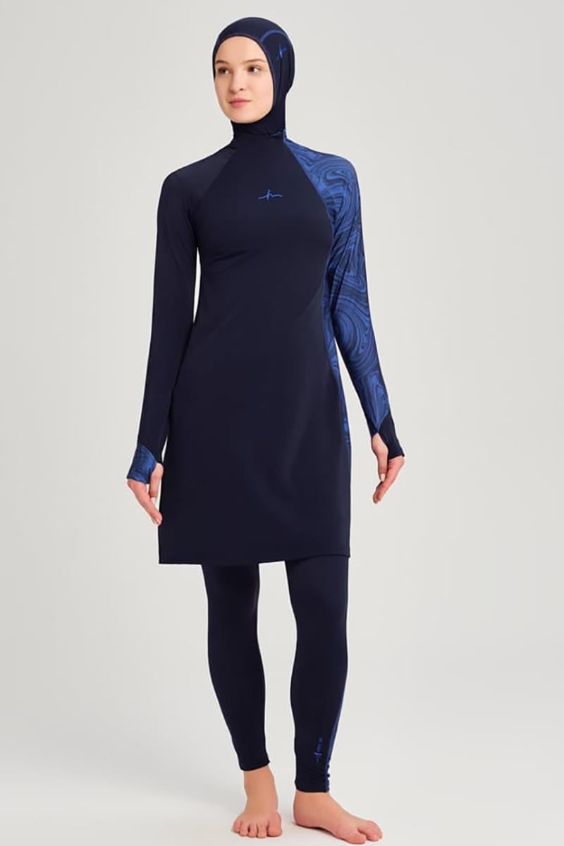 HAŞEMA Beach Wear Performans Serisi Omuz Gizli Fermuar Detaylı Tesettür Mayo Takımı  Lacivert_modest