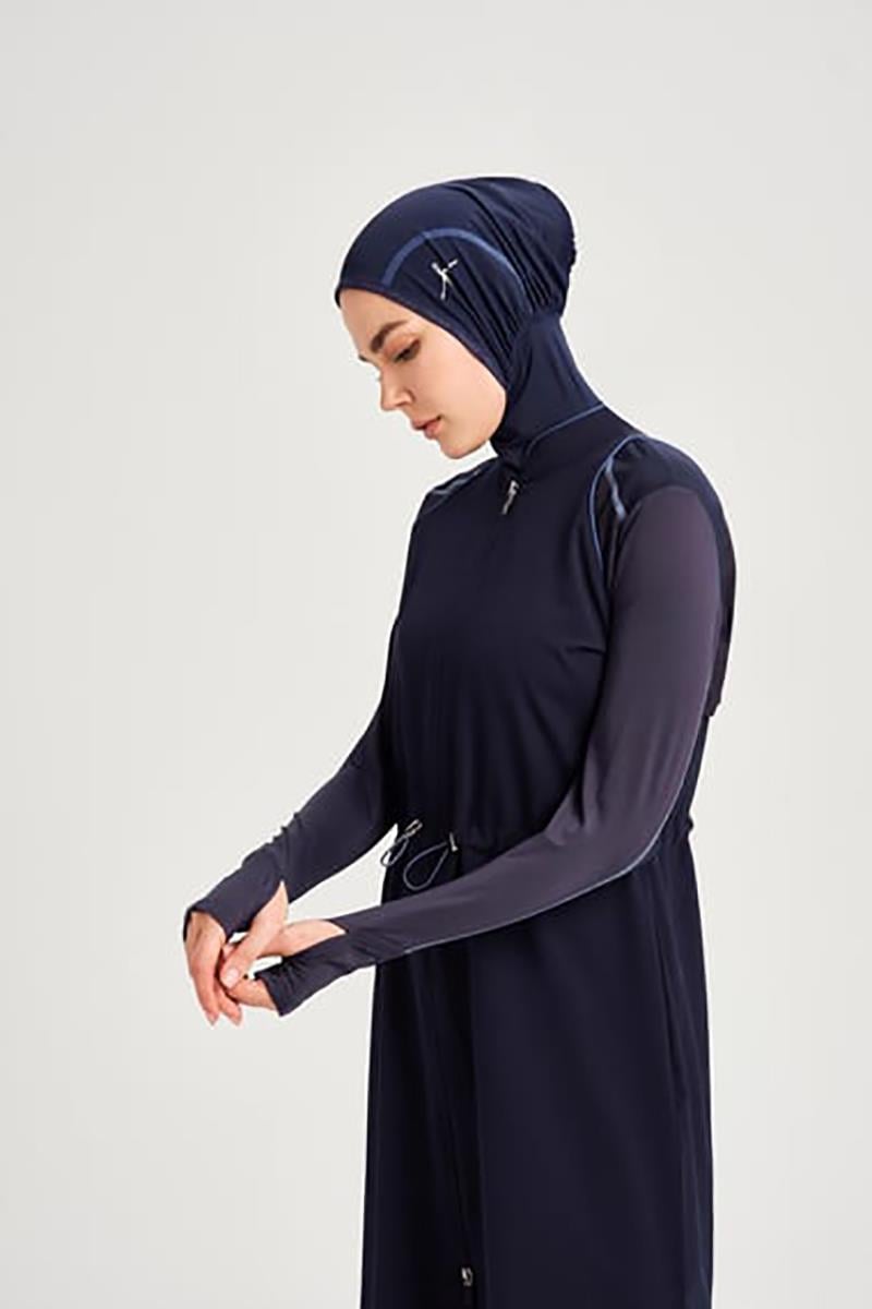 HAŞEMA Beach Wear Performans Serisi Petek Doku Detaylı Tesettür Mayo Takımı  Lacivert_modest