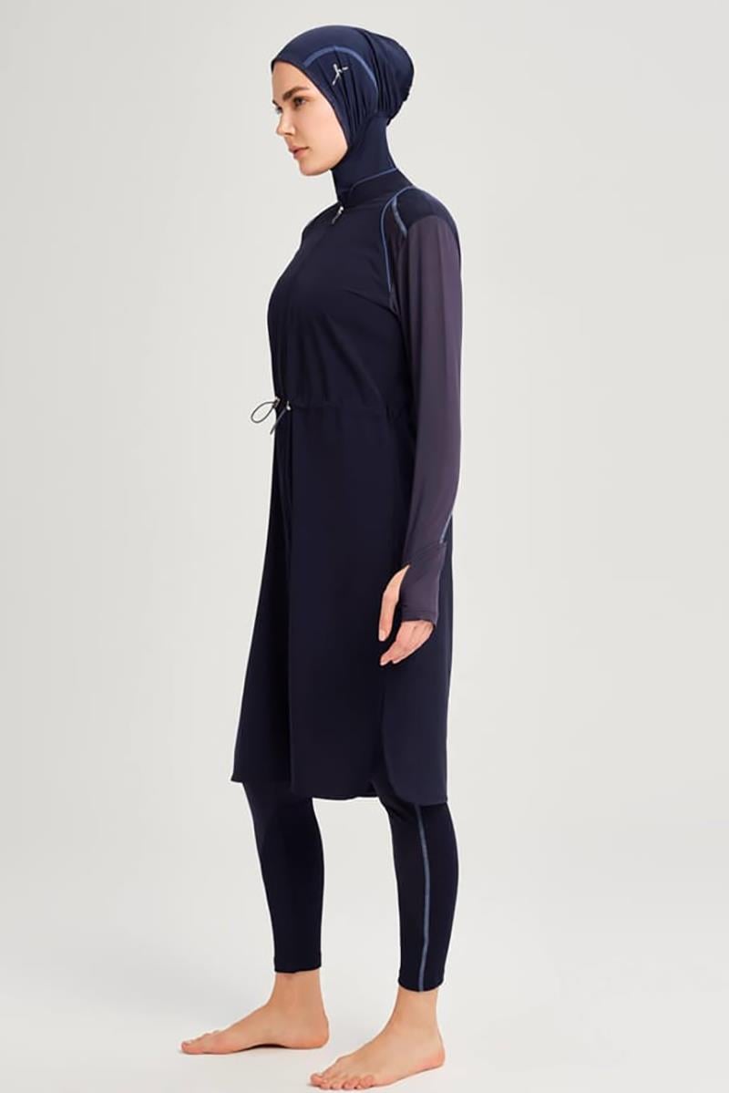 HAŞEMA Beach Wear Performans Serisi Petek Doku Detaylı Tesettür Mayo Takımı  Lacivert_modest