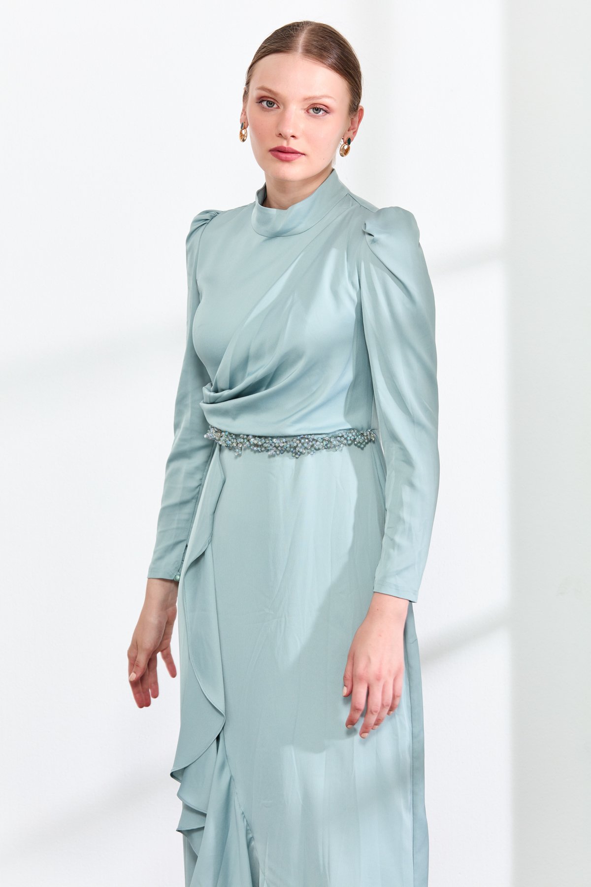 HENNİN Elbise Fırfır Detaylı Elbise  Mint_modest