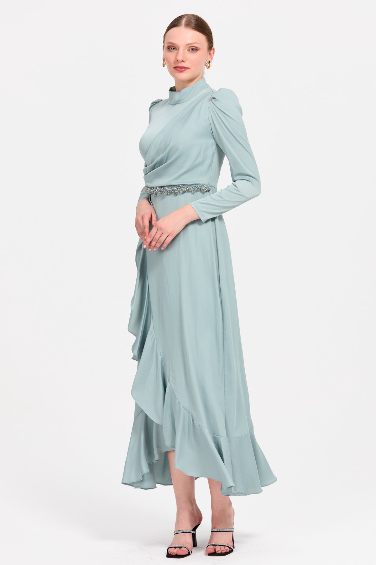 HENNİN Elbise Fırfır Detaylı Elbise  Mint_modest