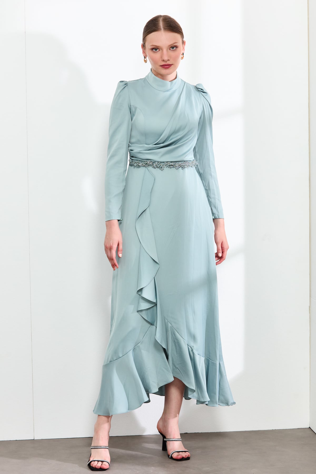 HENNİN Elbise Fırfır Detaylı Elbise  Mint_modest
