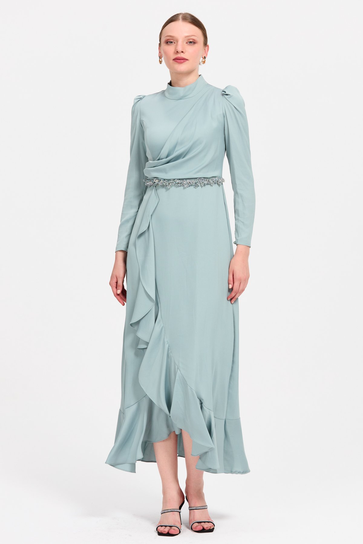 HENNİN Elbise Fırfır Detaylı Elbise  Mint_modest