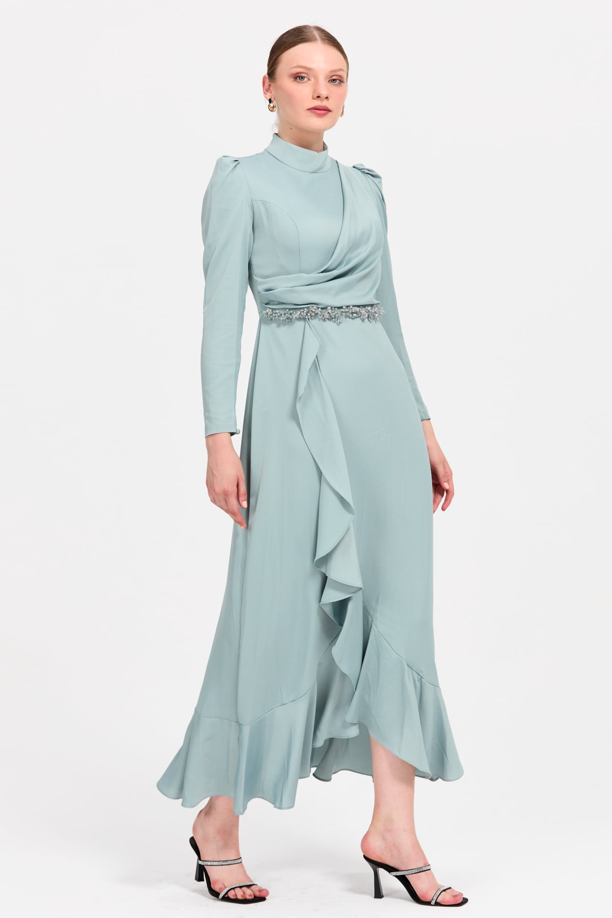 HENNİN Elbise Fırfır Detaylı Elbise  Mint_modest