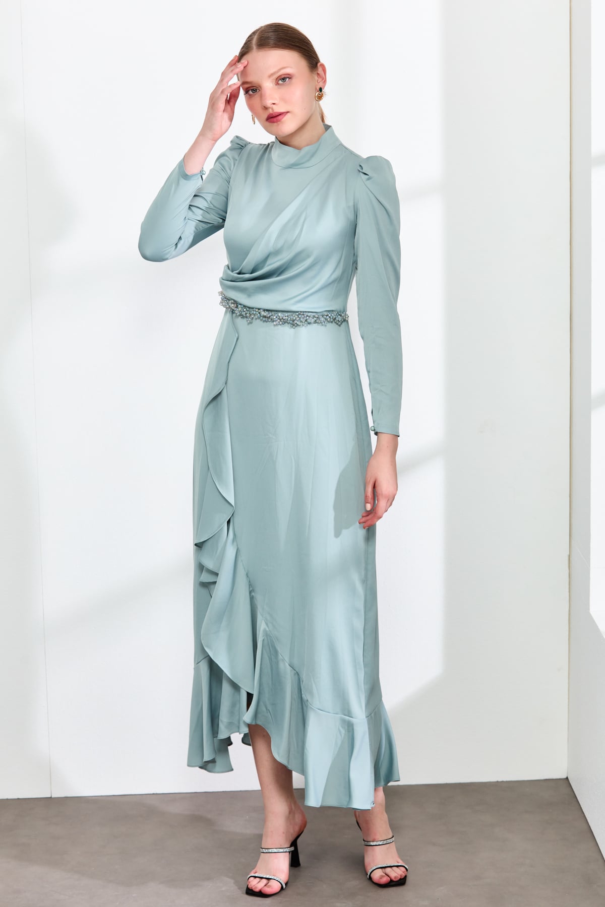 HENNİN Elbise Fırfır Detaylı Elbise  Mint_modest