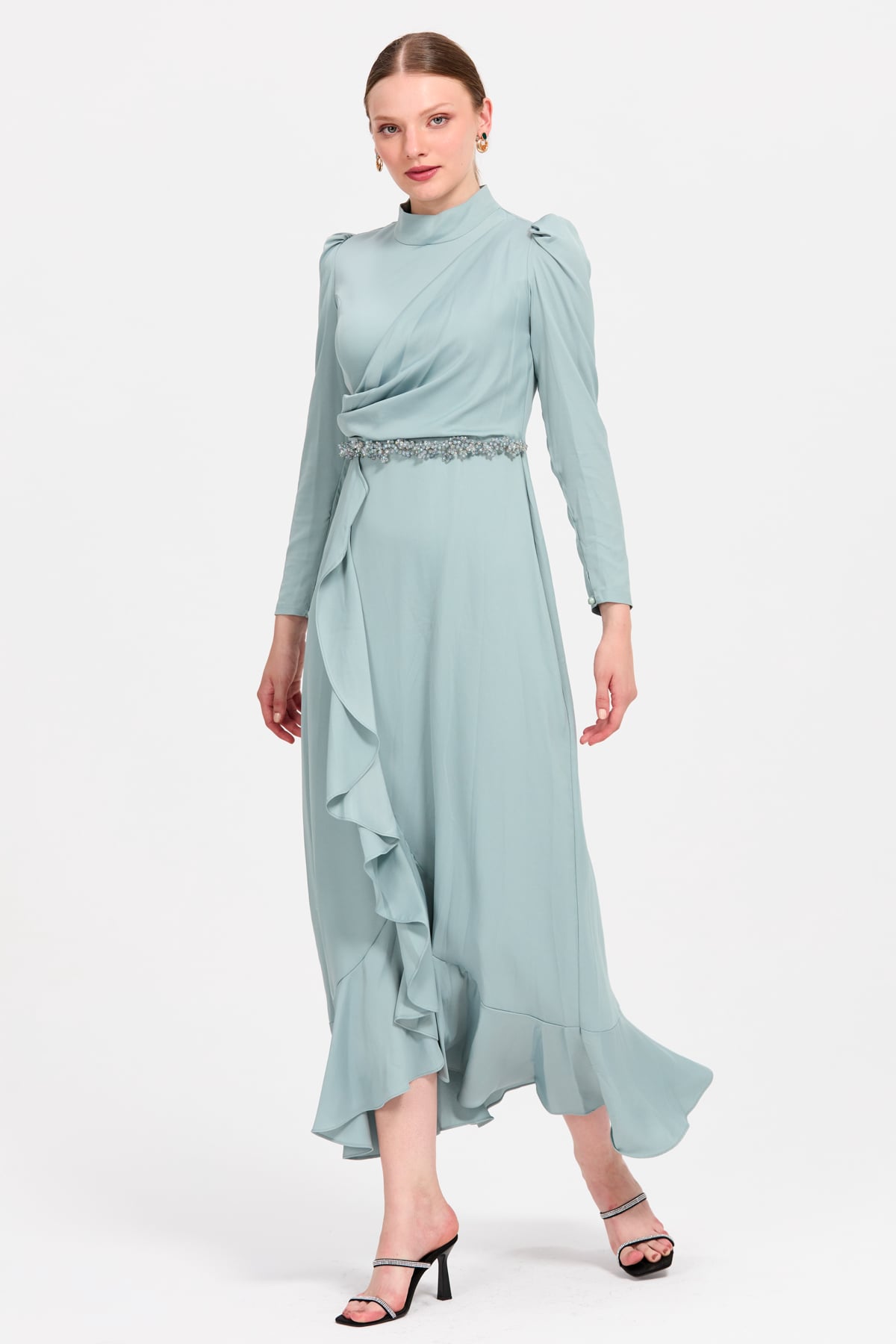 HENNİN Elbise Fırfır Detaylı Elbise  Mint_modest